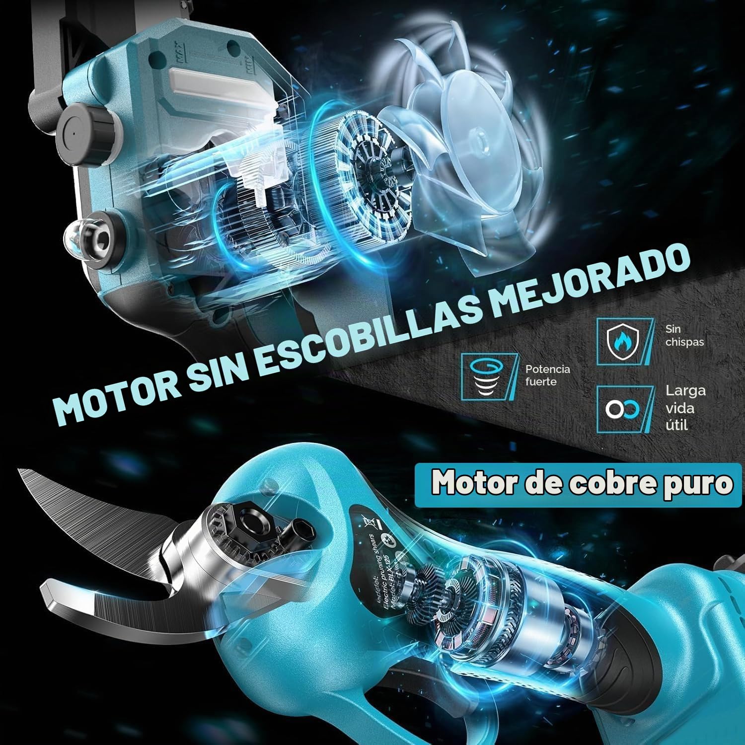 Tijeras de podar eléctricas inalámbricas, telescópicas de 36 V con pértiga telescópica, con 2 baterías de Iones de Litio de 2,0 Ah, diámetro de Corte de 40 mm y Ajuste de ángulo.