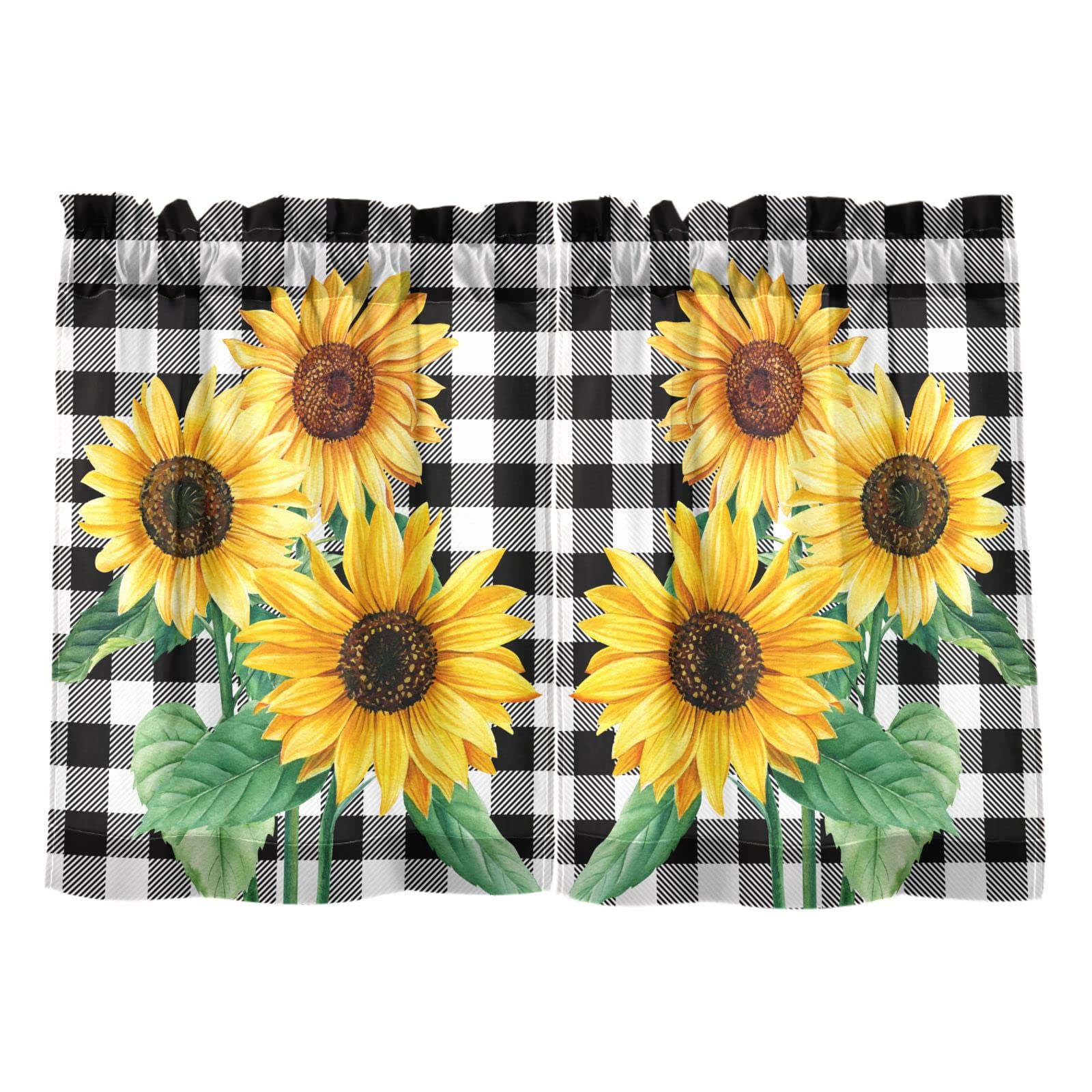 Buffalo Plaid Yellow Sunflower Flower Kitchen Cafe Curtains, 24 Inch Length, Blackout, Short, Light Filtering for Bathroom or Tier Curtains, 2 Panels