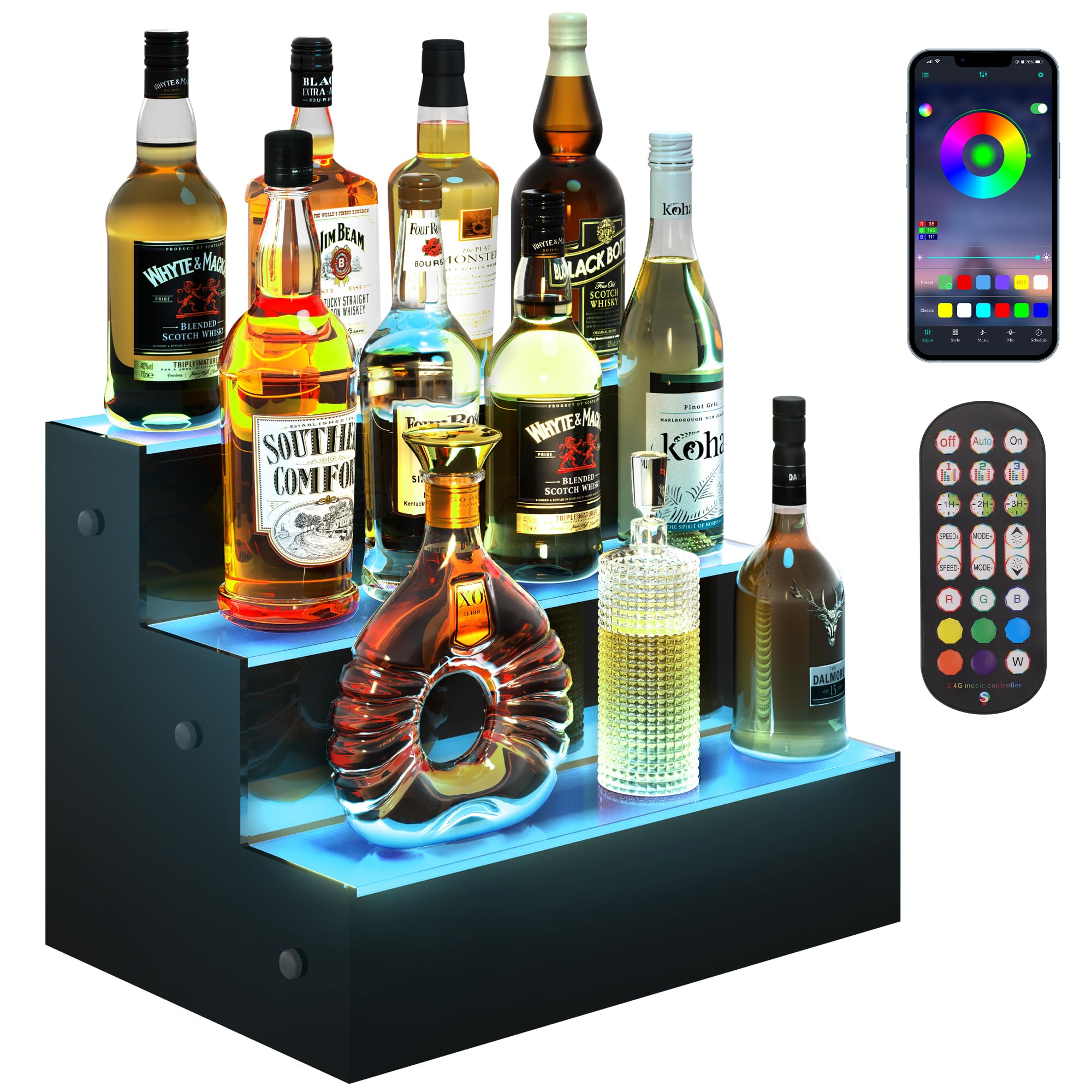 Warmiehomy LED Lighted Liquor Bottle Display Shelf, 3 Step 16" Acrylic Bar Shelves for Liquor Bottles, Alcohol Whiskey Shelves with Smart App & Remote Control for Home Commercial Bar Drinks
