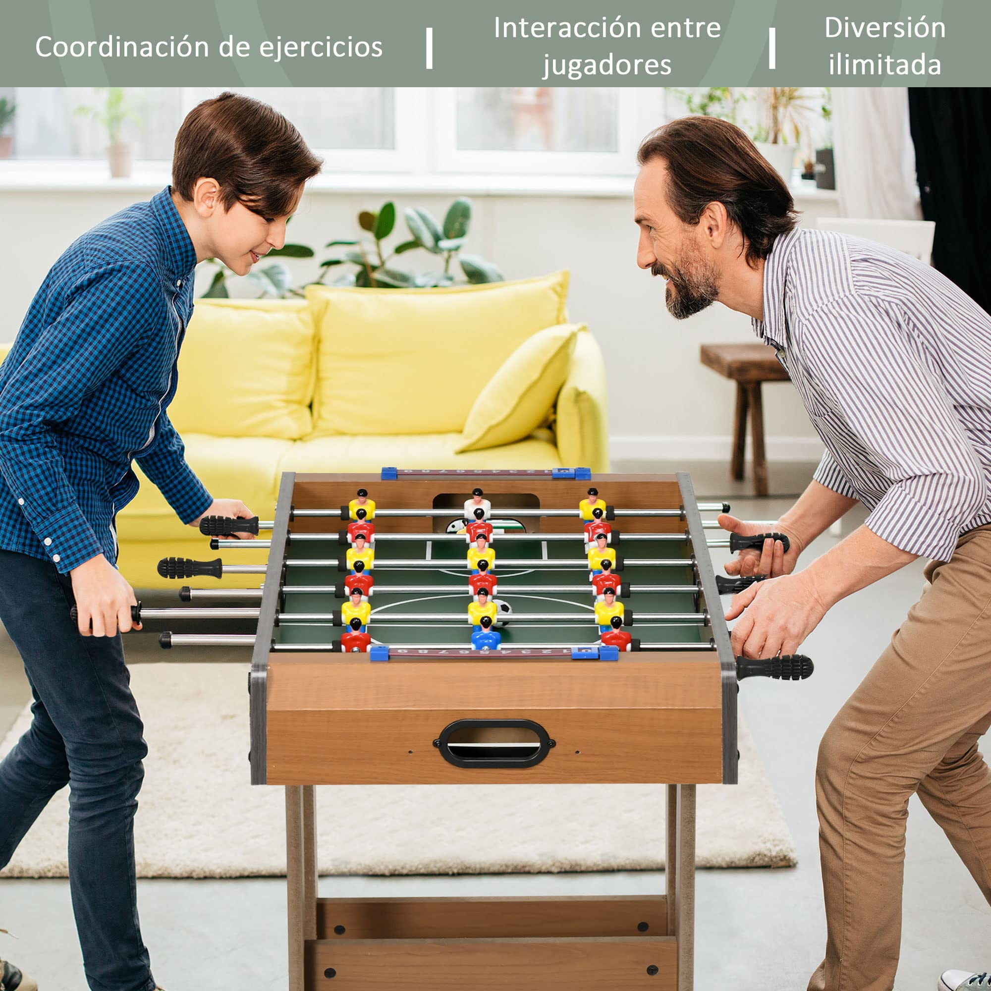 HOMCOM Futbolín Plegable para Niños y Adultos Futbolín de Madera 69x37x70 cm con 2 Bolas 6 Asas 2 Marcadores de Puntos 18 Jugadores para Familias Fiestas Juegos Natural