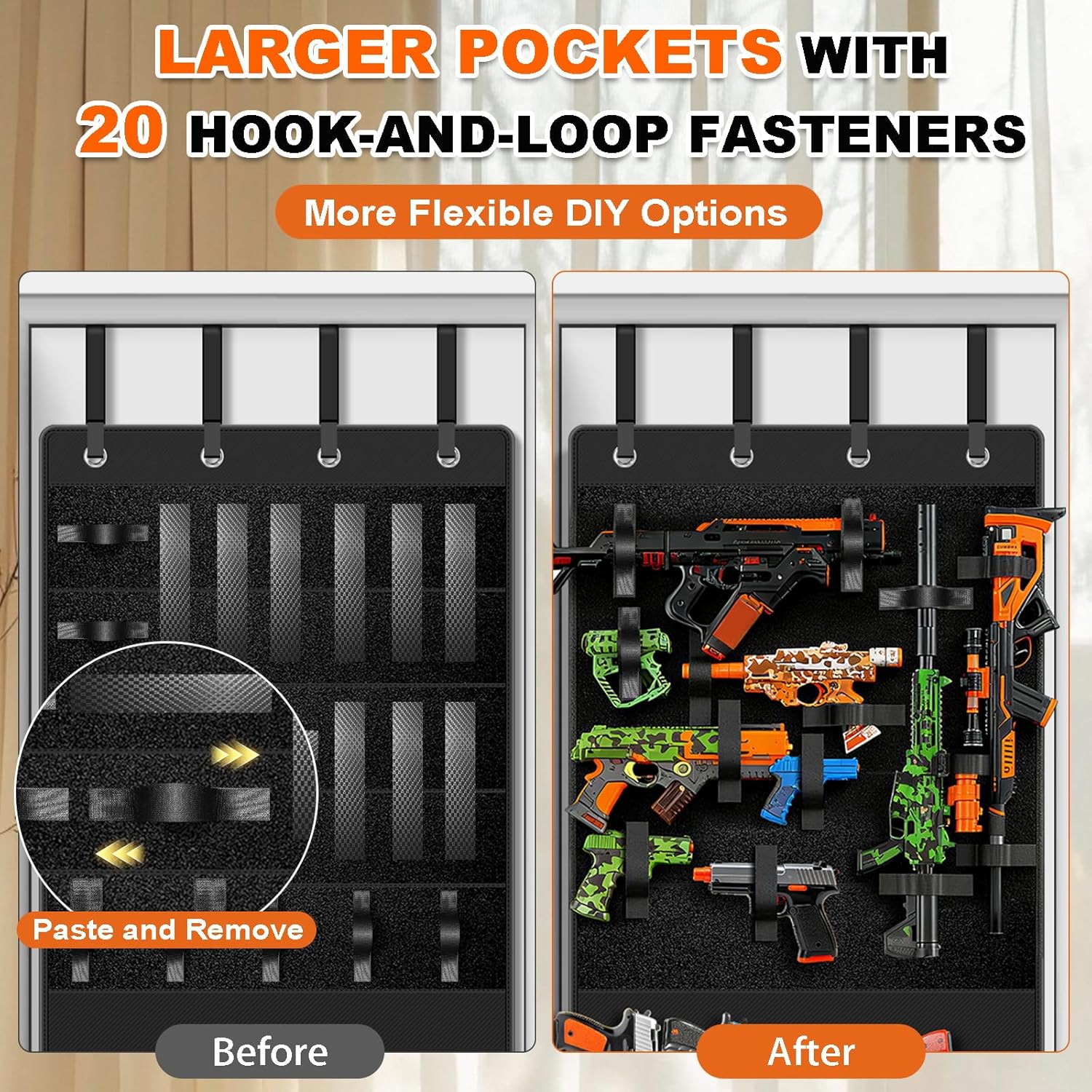 Advanced Over Door Toy Gun Organizer with Wide Hook and LoopStraps, Superior Hold for Blasters, Water Guns,Accessories,Customizable Storage with 11 Pockets & 25 Straps forKids Room (Black)