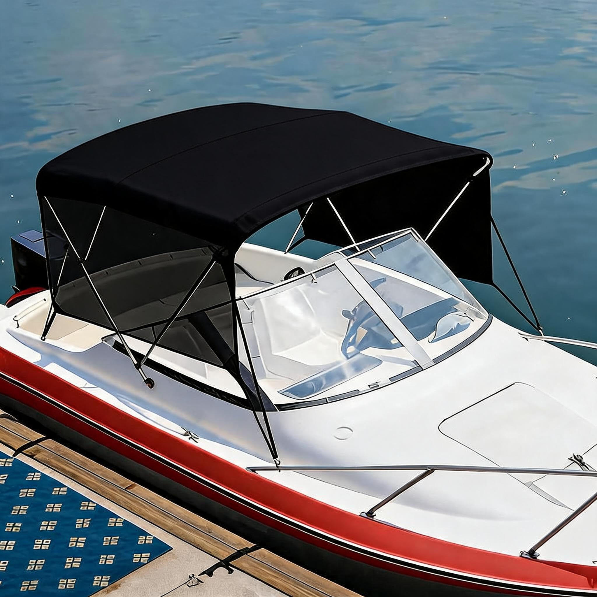 Aptliton 3 Bow Bimini Top Boat Canopy 600D Polyester Sun Shade with Aluminum Frame, Adjustable Poles & Storage Boot for Pontoon, Jon Boats