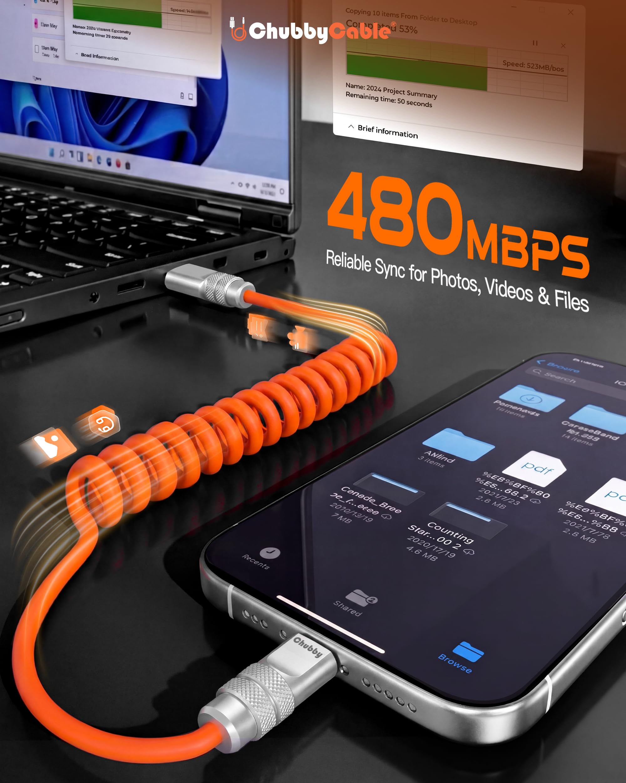 chubbycable Curly Chubby - Cavo USB C a spirale in silicone da 240 W, confezione da 2 [240H Sag-Free] Cavo di ricarica rapida a spirale per auto, cavo di ricarica retrattile per Android Auto e CarPlay