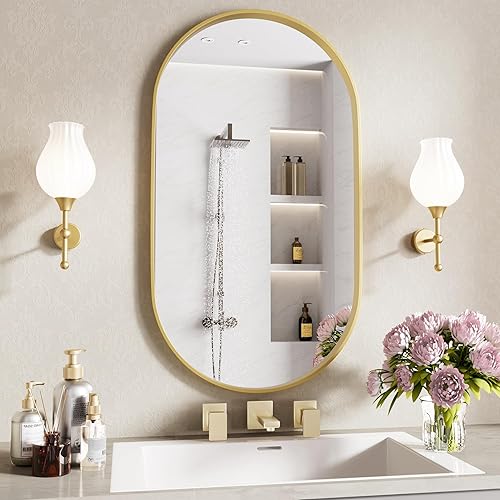 Miniatura 24 de Espejo ovalado de baño, espejo plateado de 24 x 36 pulgadas, espejos de pared, espejo de baño ovalado, espejos en forma de píldora, espejo