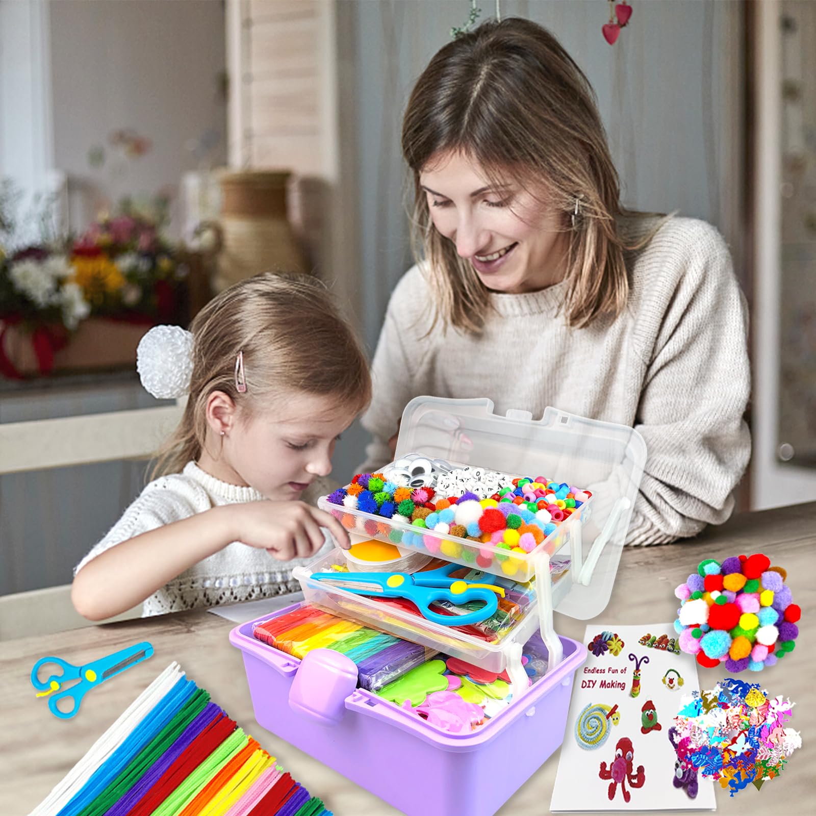 3000 Pcs Activité Manuelle Enfant Kit Bricolage Enfant Boîte Bricolage à 3 Niveaux avec Pipe Cleaners Kits de Loisir Creatif Enfant DIY Jouets Cadeaux pour Filles et Garçons 4-6 6-8 8-12 Ans, Violet
