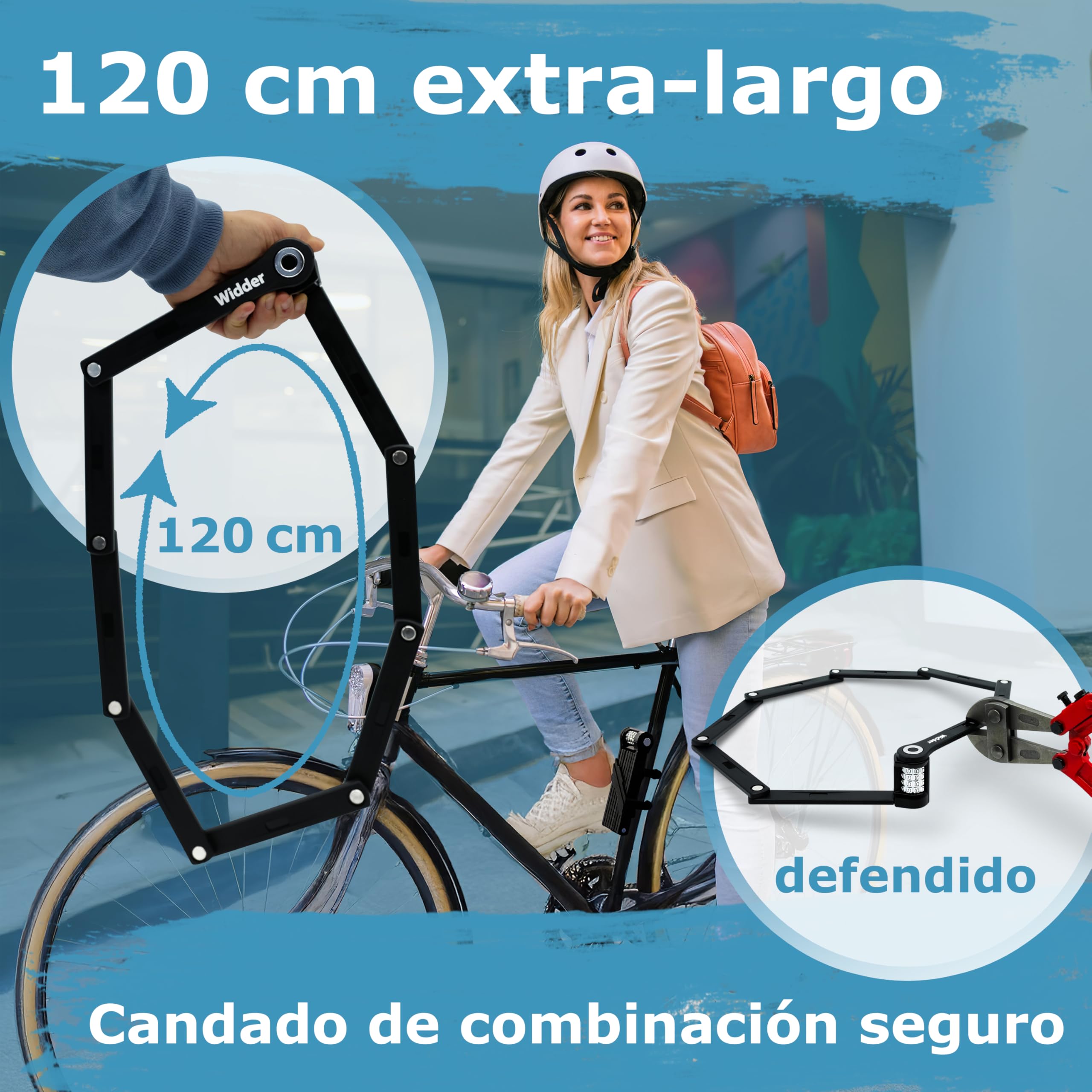 WIDDER 120cm Antirrobo bici extremadamente seguro | Titanio‑Acero nivel 15 | Candado de combinación | Candado plegable bicicleta de 120 cm con soporte | Antirrobo bici eléctrica & e‑scooter con código