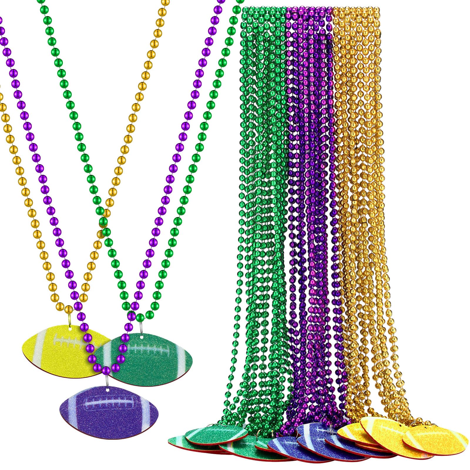 XunYee 24 Pcs Mardi Gras Decoration Mardi Gras Beads Necklace Glitter Throws Bulk Football Necklaces Yellow Green and Purple Beads Necklaces for Football Decorations Party Favors