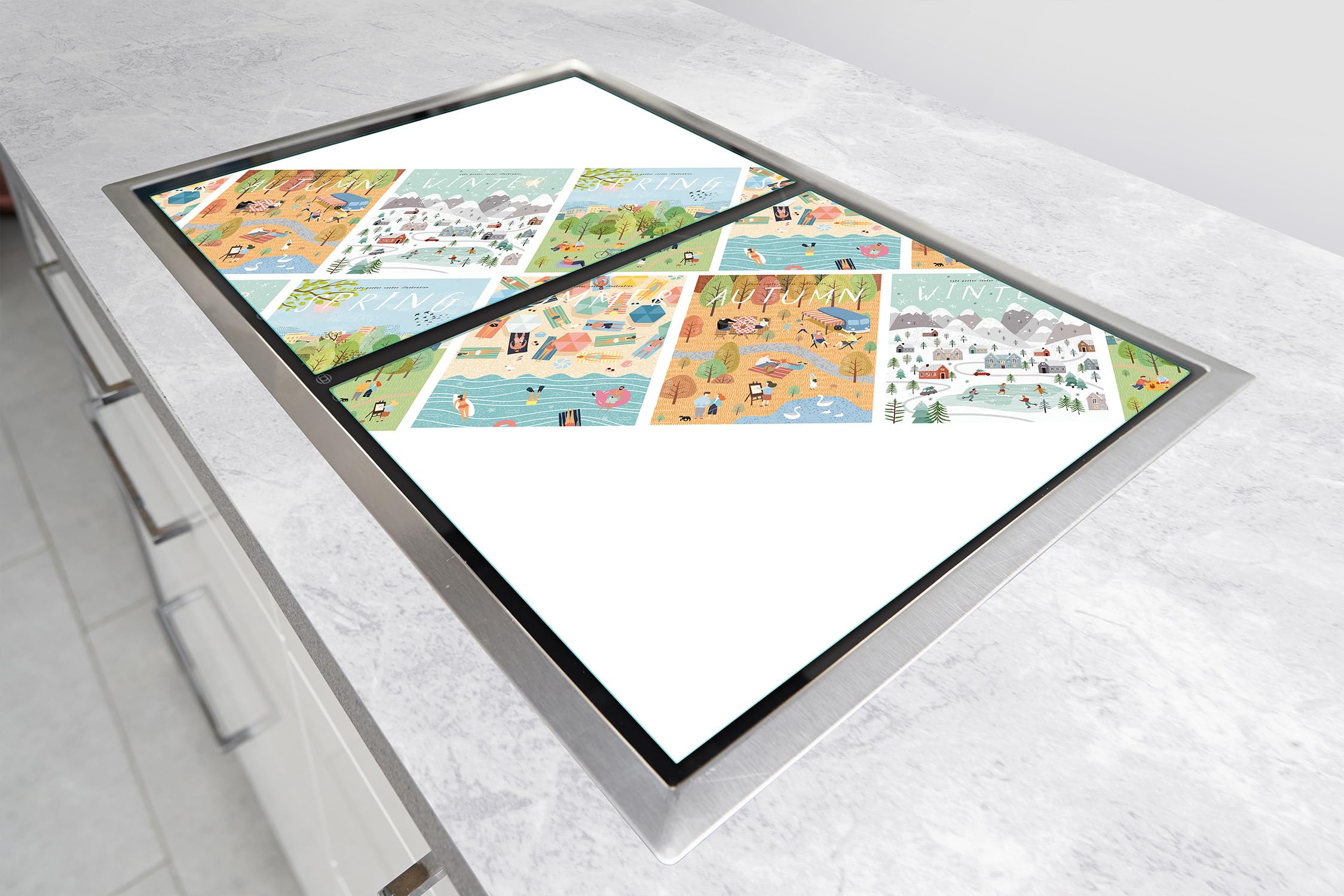TMK ArtDeko Tabla de cortar decorativa de cristal templado y cubre vitro, Placa protectora de vitrocerámica 100 x 52 cm 2 piezas, para inducción, protección contra salpicaduras, estaciones