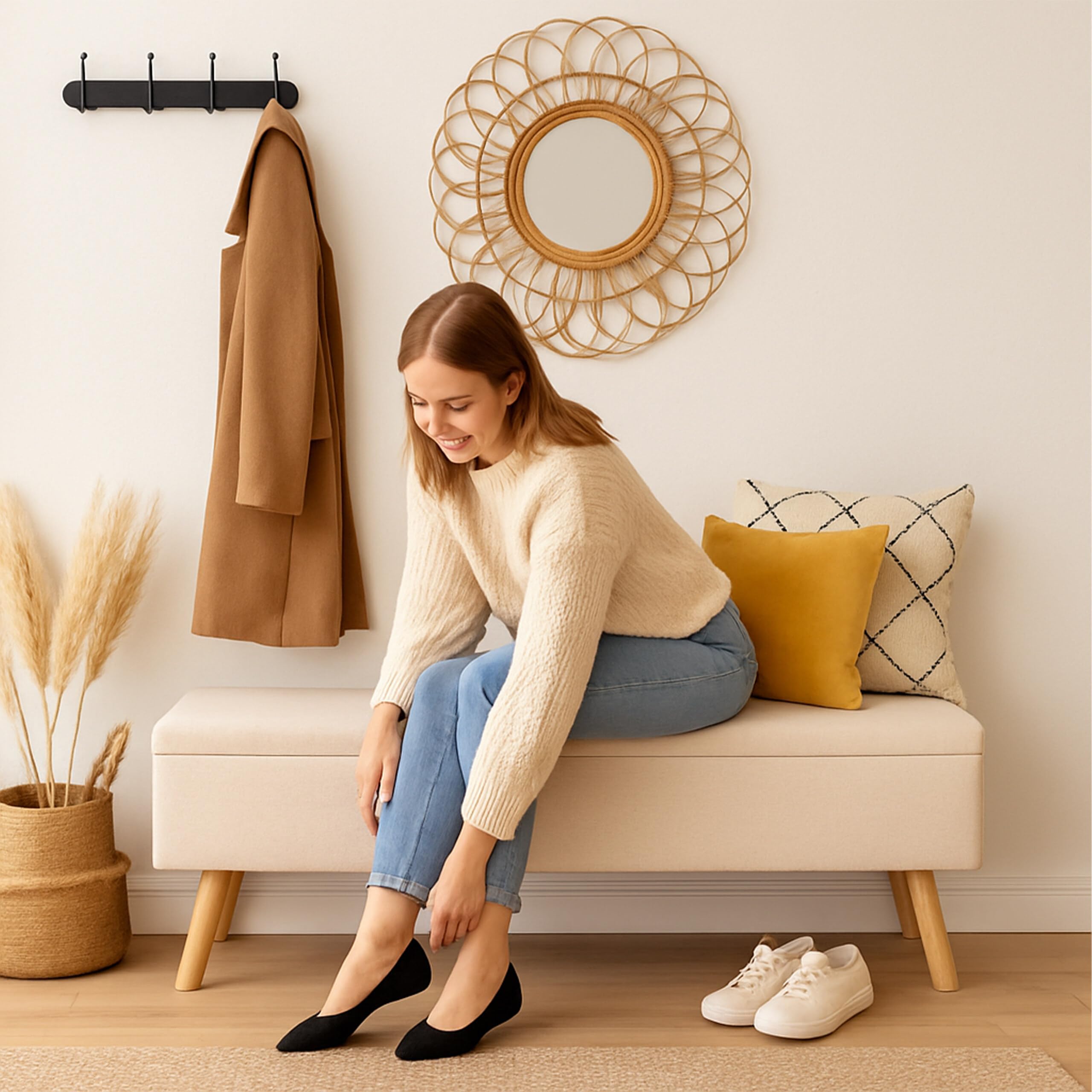 Panca Relaxdays in Lino, con Contenitore, HxLxP: 40 x 110 x 40 cm, Gambe in Legno, Panca Imbottita Beige
