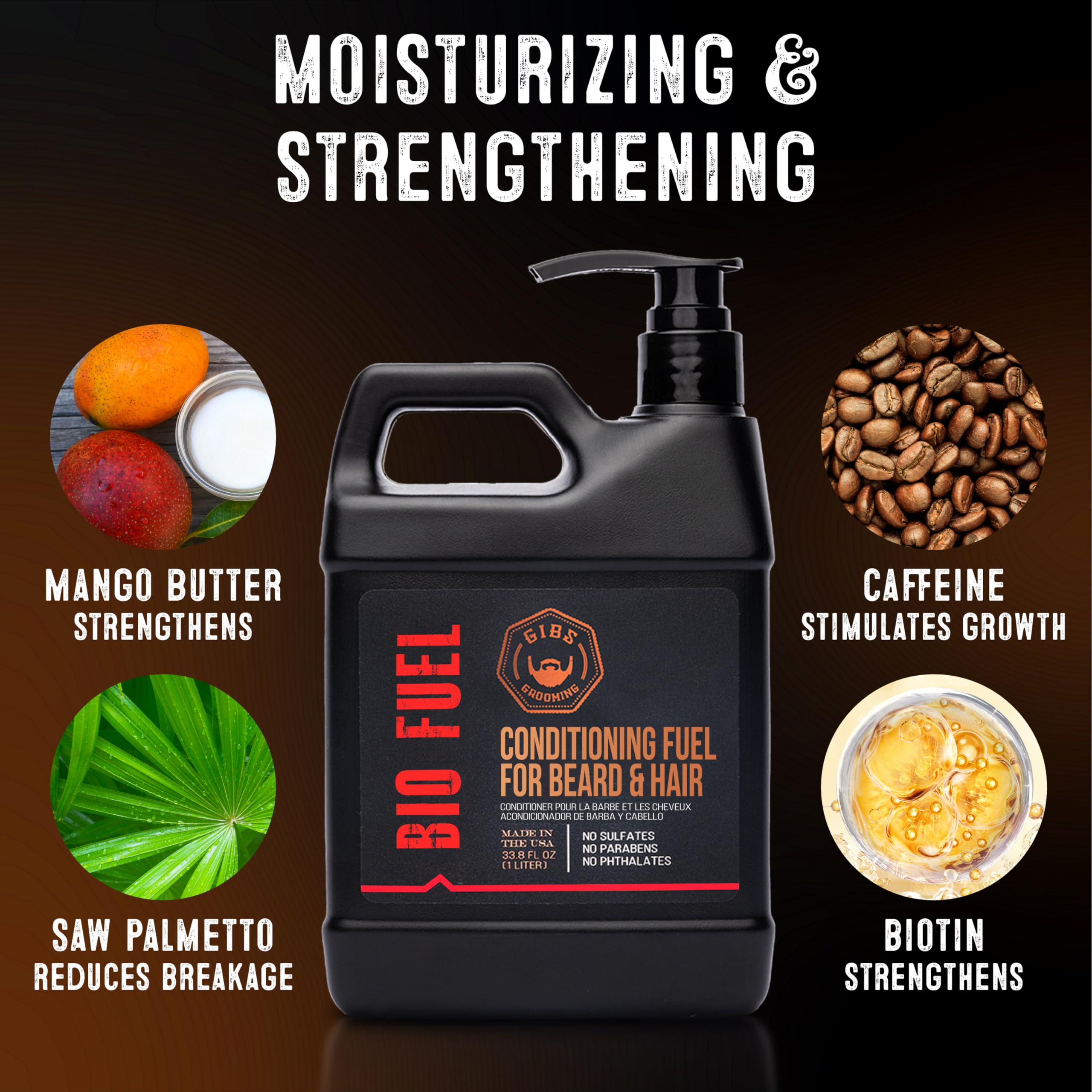 GIBS Grooming Bio Fuel - Conditioning Fuel for Beard & Hair Growth (33.8 oz) Mango Butter, Saw Palmetto, Dragon's Blood - Caffeine & Biotin - Hair Conditioner & Beard Conditioner for Men - Made in USA