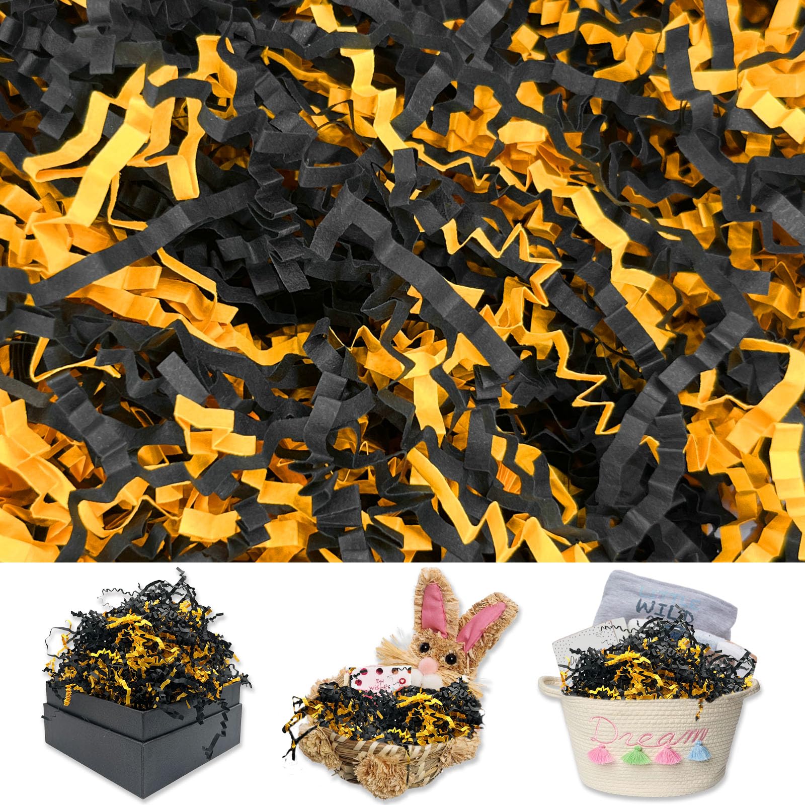 - Gold Black Crinkle Cut Paper Shred Filler, 2 LB Basket Filler Shredded Paper, Confetti Stuffing for Basket Filling, Mother's Day, Birthdays, Weddings, DIY Gift Wrapping, Stuffer Party Supplies