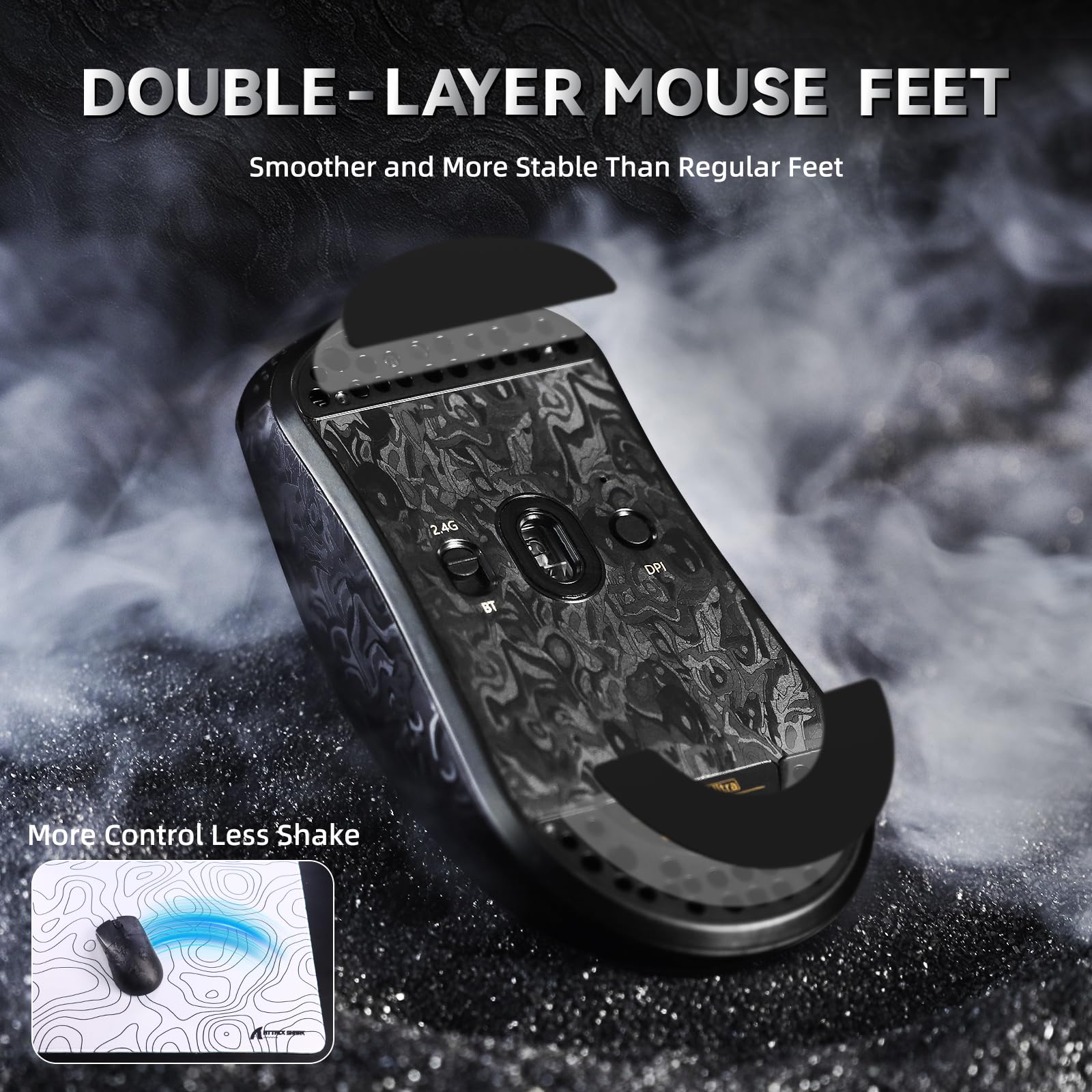 ATTACK SHARK R11 ULTRA Ratón Inalámbrico para Juegos de Fibra De Carbono con Spiral LED Cable, 8000Hz, 49g Peso Ligero, PAW3950MAX, 42000 DPI, Chip Nordic 52840, Nanometal Ice Coating, Negro Forjado