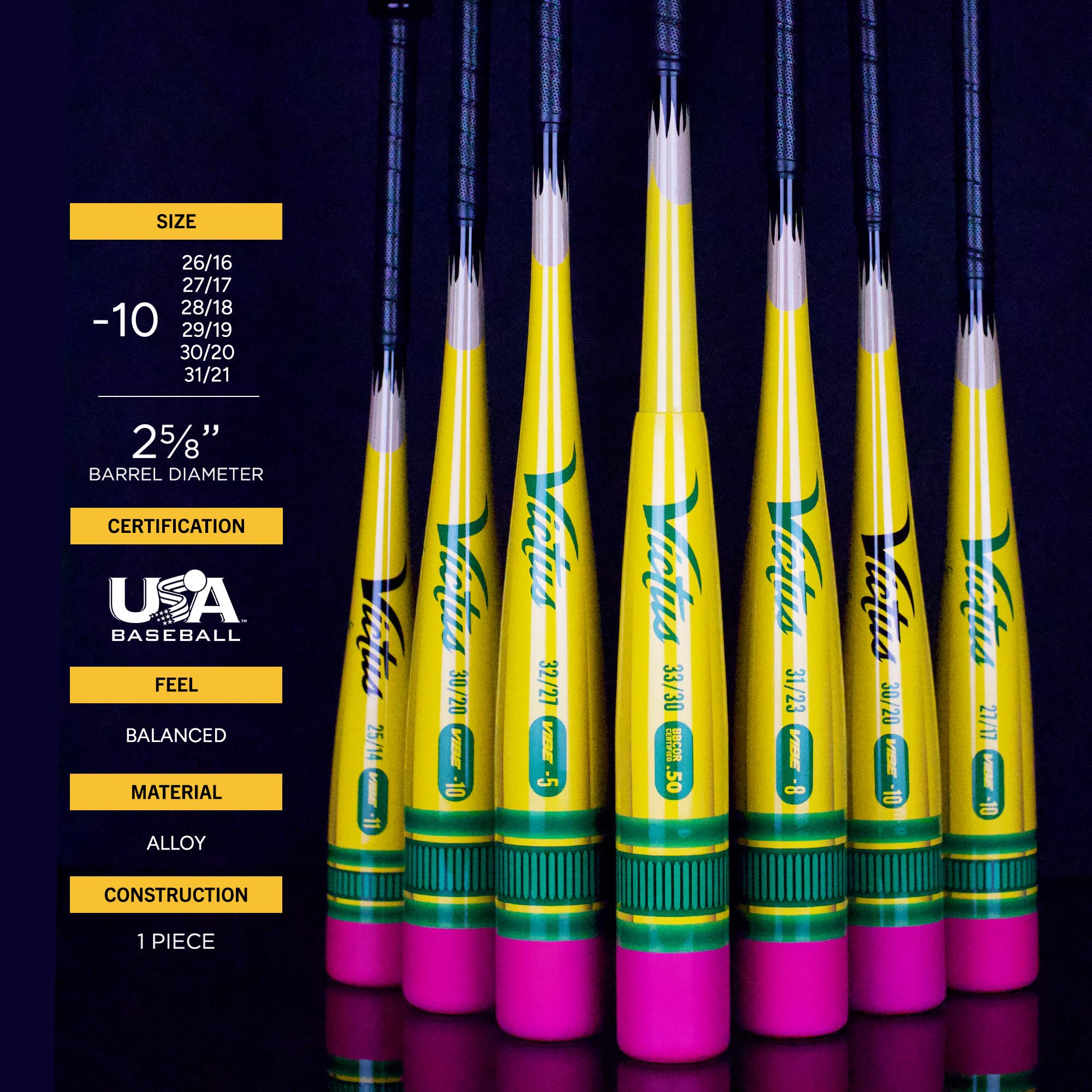 Victus Vibe Pencil Baseball Bat, 2 5/8" Barrel, -10 Drop, USA Baseball Certified