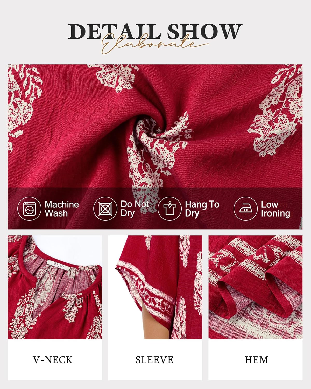 Bebonnie Womens 3/4 Sleeve V Neck Bohemian Peasant Blouses Casual Loose Fit Tunic Tops - Image 5