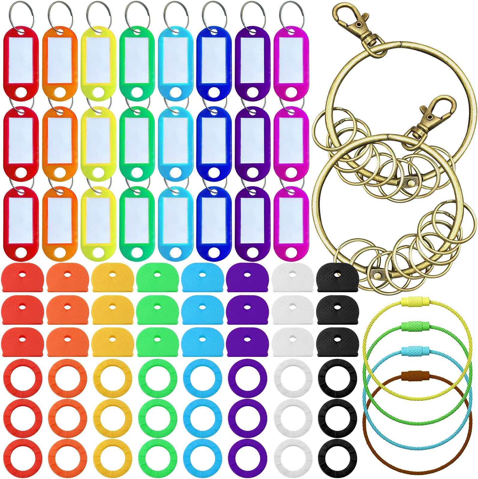 Daily Treasures 78Pcs Key Caps Tags Covers Set, 48Pcs Plastic Key Identifier Covers & 24Pcs Plastic Tags Labels with 6Pcs Wire Keychains-ID Ring Toppers for Organization House (8 Colors, 2 Styles)