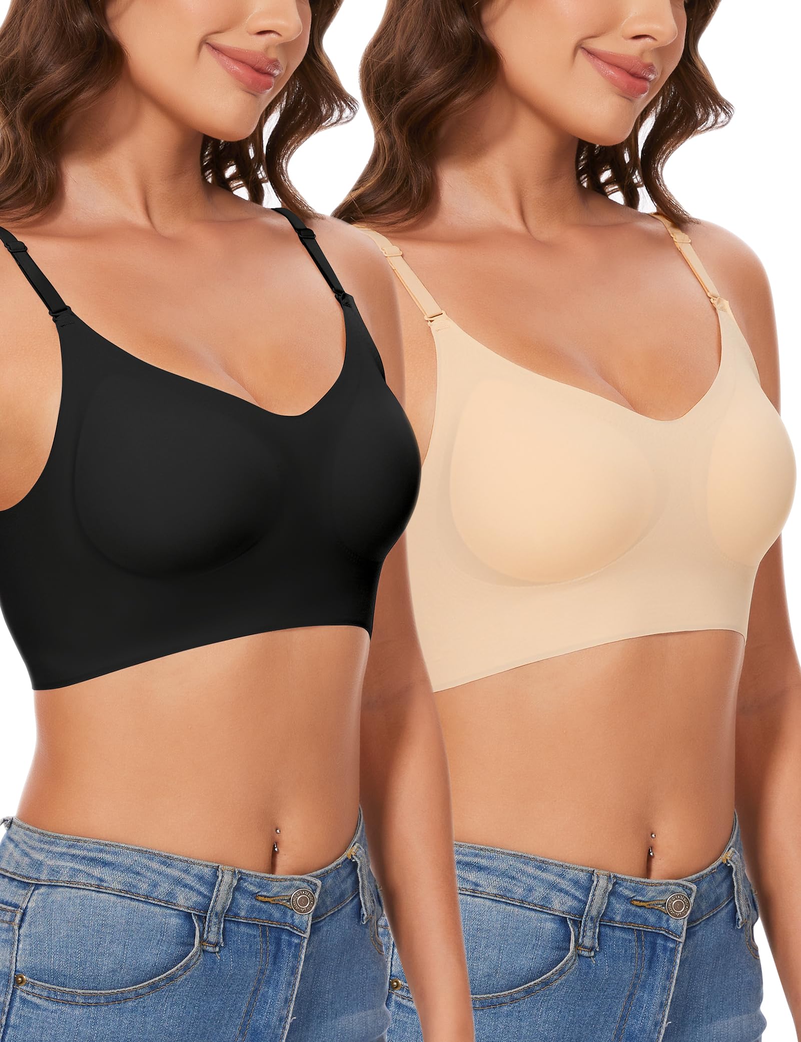 Kiiwah 2 Pezzi Reggiseno Schiena Scoperta Senza Ferretto, Reggiseno Invisibile Schiena Nuda in Seta Ghiacciata, Doux Bralette Donna, Imbottitura Rimovibile (Nero, Nudo)