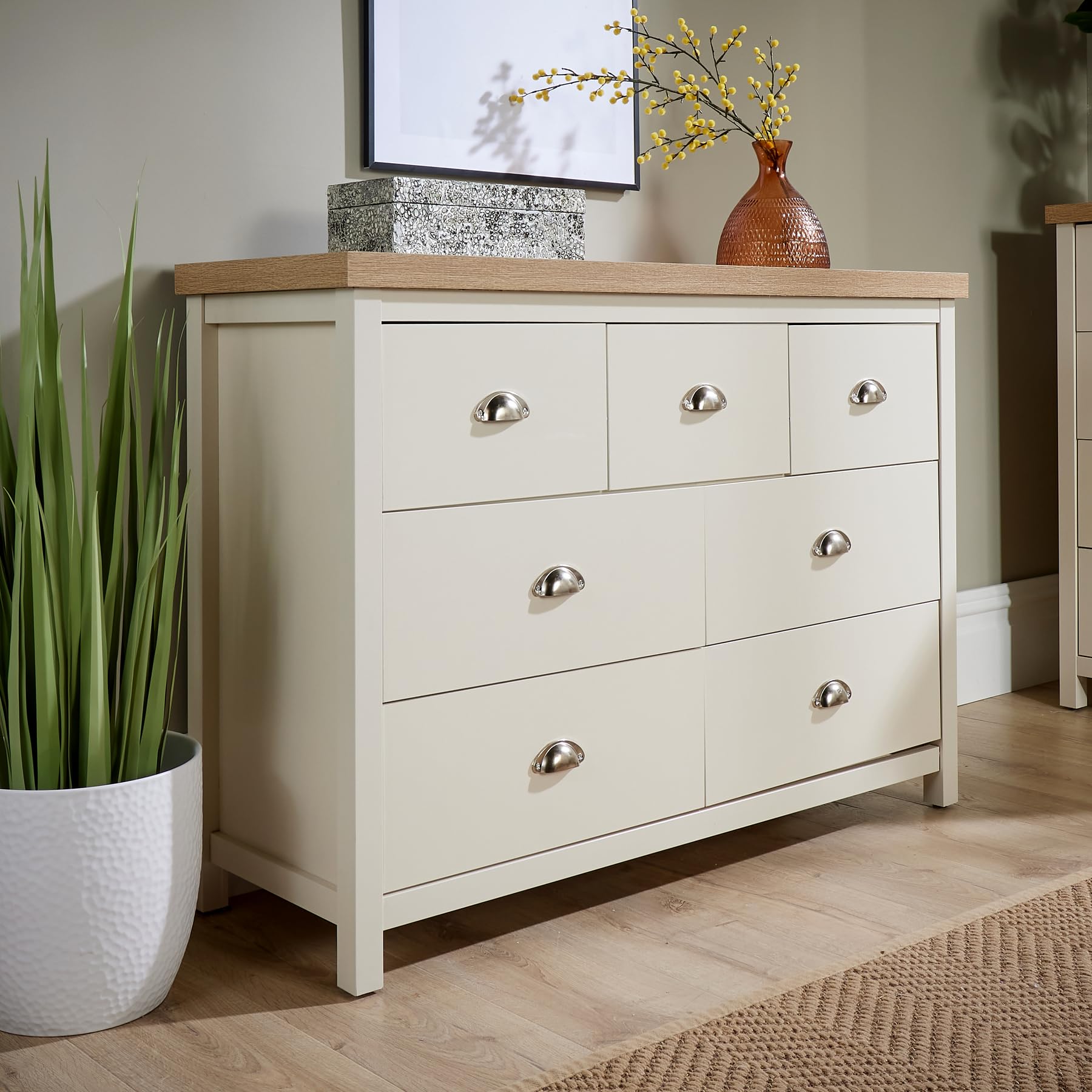 Home Source Wide Chest of Drawers Clothing Storage Unit, 7 Drawers, Cream, Sonoma Oak Effect