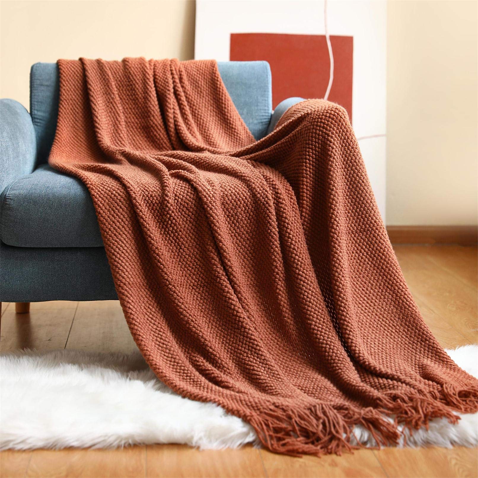 OliveSleep Knitted Throw Blanket Soft Cozy for Couch Chair Sofa Bed Cover, Decorative Blanket, (Rust Red, 127 x152cm) — image 1