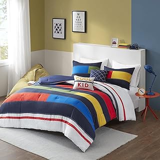 Urban Habitat Kids 100% Cotton Comforter Set-Fun Print and Vibrant Color Modern Design All Season Cozy Bedding,Matching Shams, Decorative Pillow, Twin/Twin XL, Multi Color Blocks with 2 dec pillows