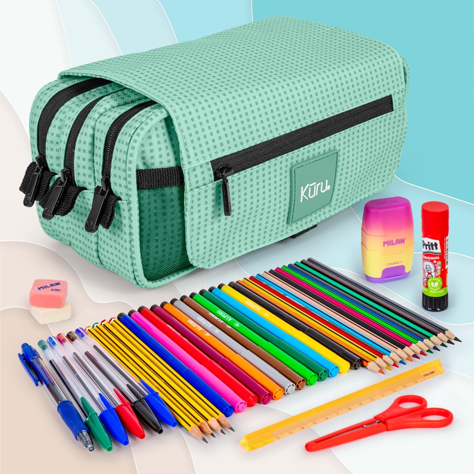 ColePack Kuru - Set di Astuccio Scolastico Triplo con 3 Cerniere e Materiale Scolastico delle Migliori Marche Incluso (Menta)