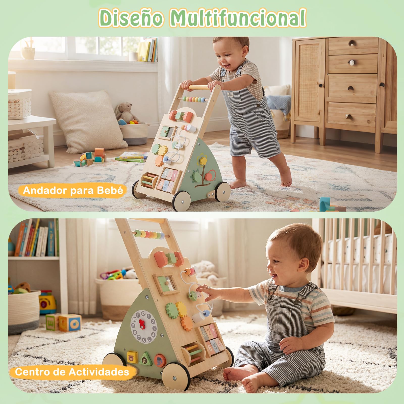 COSTWAY Andador Madera Montessori, Andador Bebe con Ruedas y Cesta de Almacenamiento, Juguete Montessori para Caminar y Centro de Actividades para Niños de 1+ Años