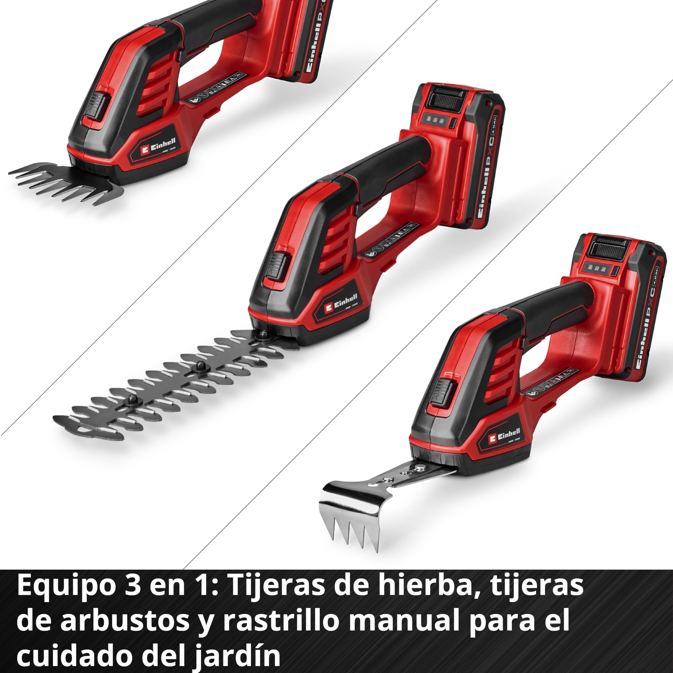 Einhell Tijeras de Hierba/arbustos con batería GE-CG 18/100 Li - 3 en 1-Solo Power X-Change (18 V, Incl. Cuchillas de Hierba 100 mm, de arbustos de 200 mm, Accesorio para rastrillo, sin batería)