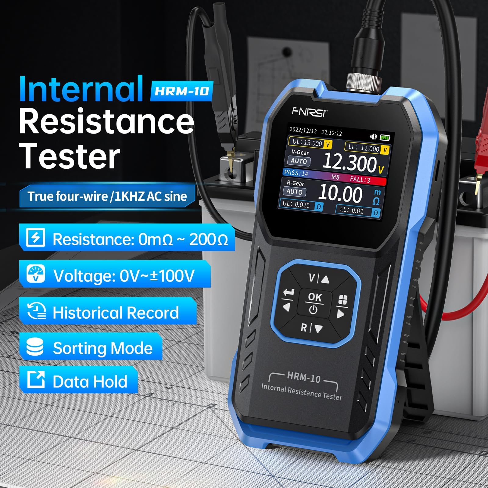 FNIRSI HRM-10 Tester Resistenza Interna e Tester Batteria, Milliohmmetro 100V, 200Ω, Teste per Batterie Auto, AAA, AA e Altri Tipi di Battery, Analizzatore di Batterie Domestiche