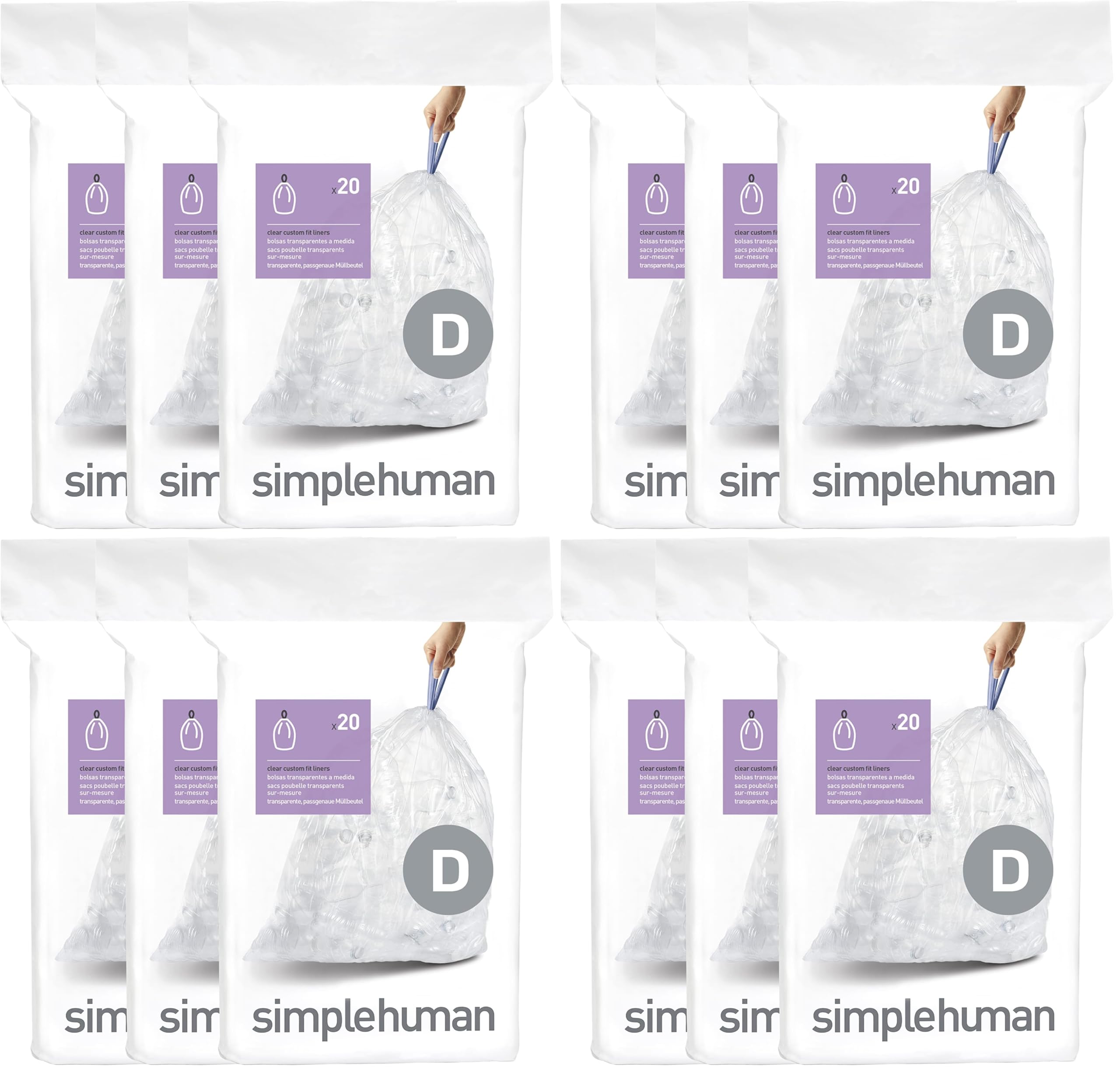 simplehuman Code D Custom Fit Drawstring Trash Bags in Dispenser Packs, 60 Count, 20 Liter / 5.3 Gallon, Clear (Pack of 4)