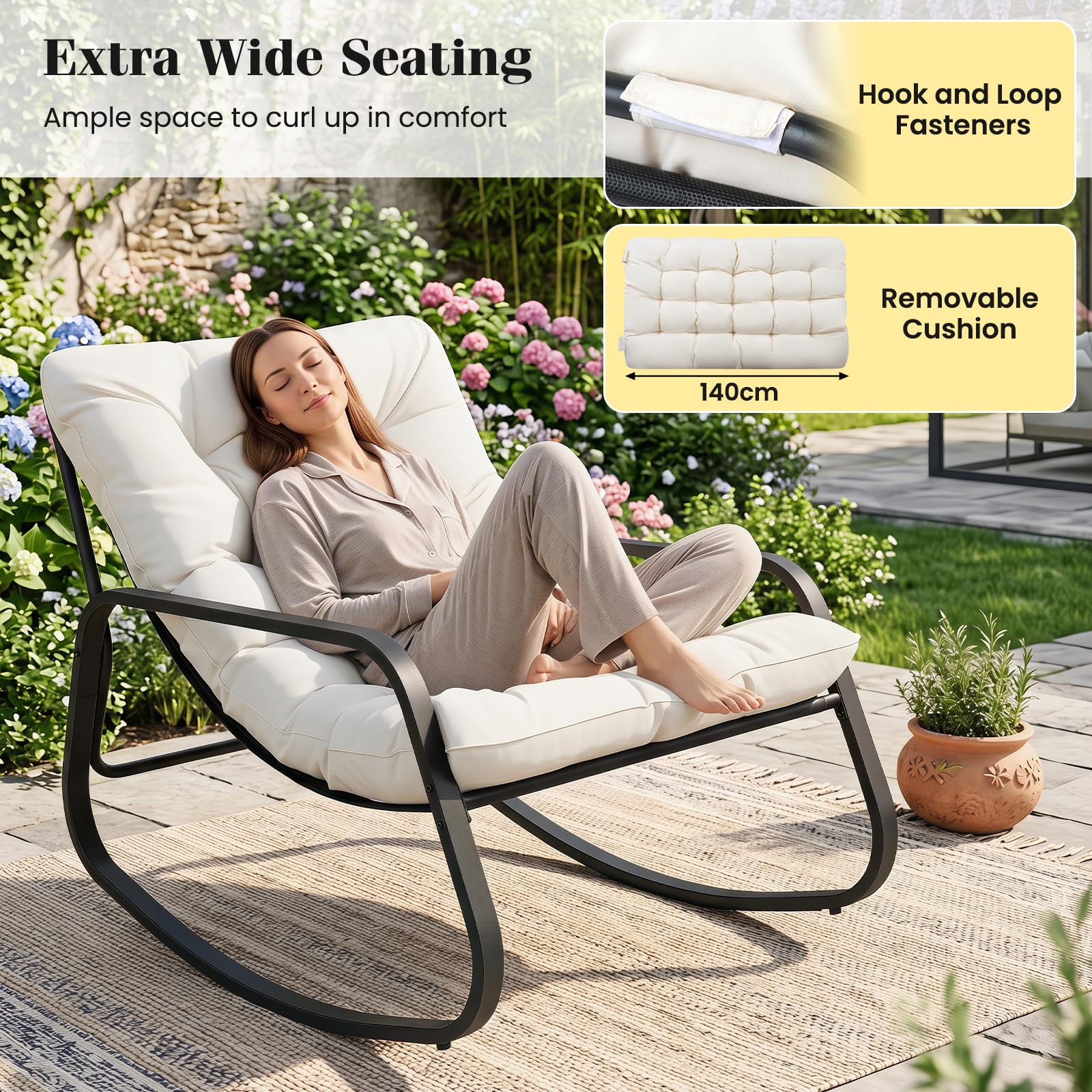 COSTWAY Fauteuil à Bascule Exterieur, Charge 205 kg, Fauteuil de Jardin Papasan en Métal, Coussin Amovible&Épais 13 cm, Base Antidérapante, Rocking Chair pour Salon Balcon, 120 x 91 x 78 cm (Beige)
