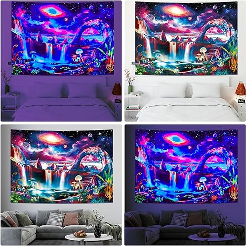 Miniatura 7 de Tapiz de luz negra, galaxia y planeta, tapiz reactivo a los rayos UV, tapiz de cascada de montaña para dormitorio, estético, ola misteriosa, lago,