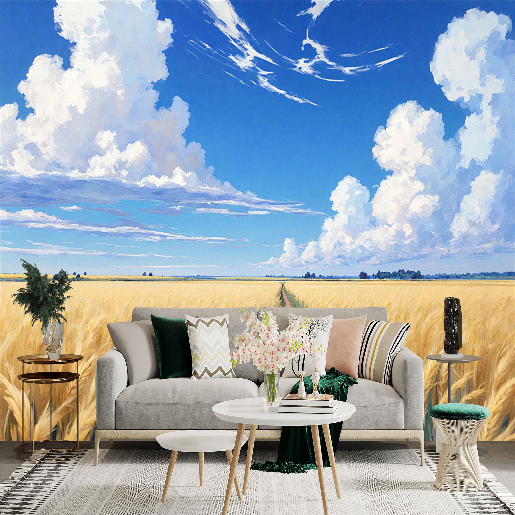 Lnzczhyre Xc260505838 Custom Size Wall Sticker Mural， Golden Wheat Field Under Blue Sky， Summer Countryside Scenery， Clouds Over The Harvest Farm， For Wall Decoration， Peelandstick Wall Decals.