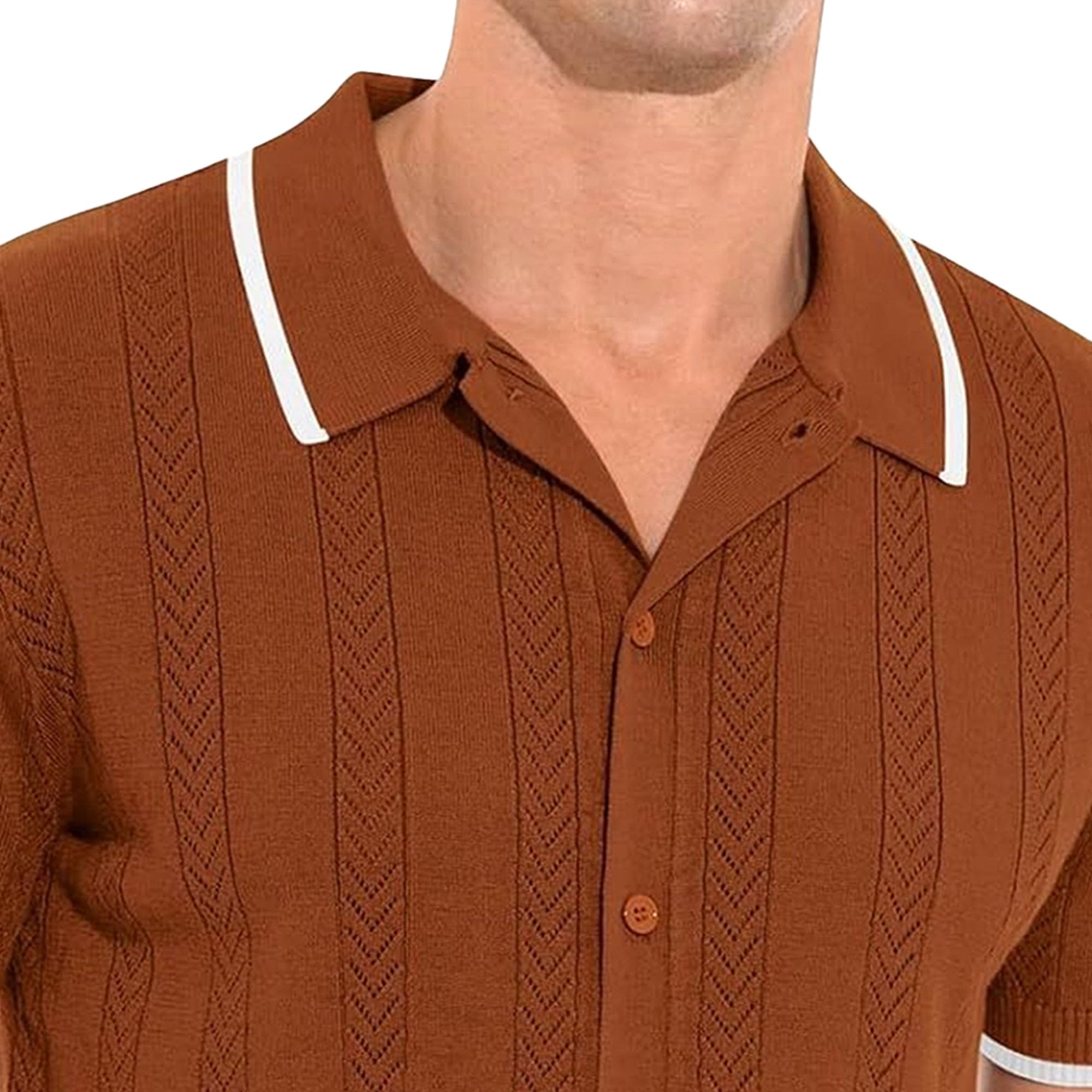 Maglietta da uomo con colletto cubano, vintage, con bottoni, per vacanze, a righe, lavorata a maglia, con bottoni, per golf e spiaggia