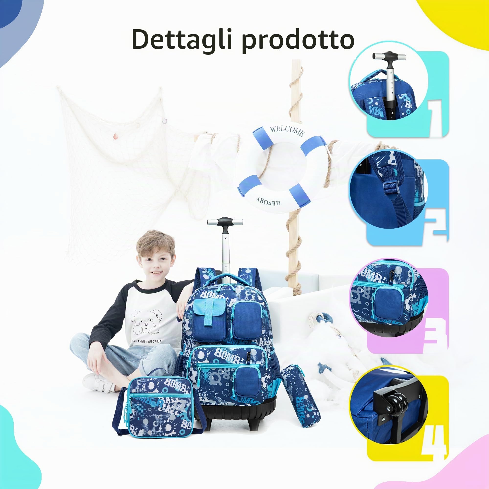 HTgroce Trolley Zaino Scuola 3 in 1 Kit Viaggio per Bambini, Regalo Scolastico per Ragazzi