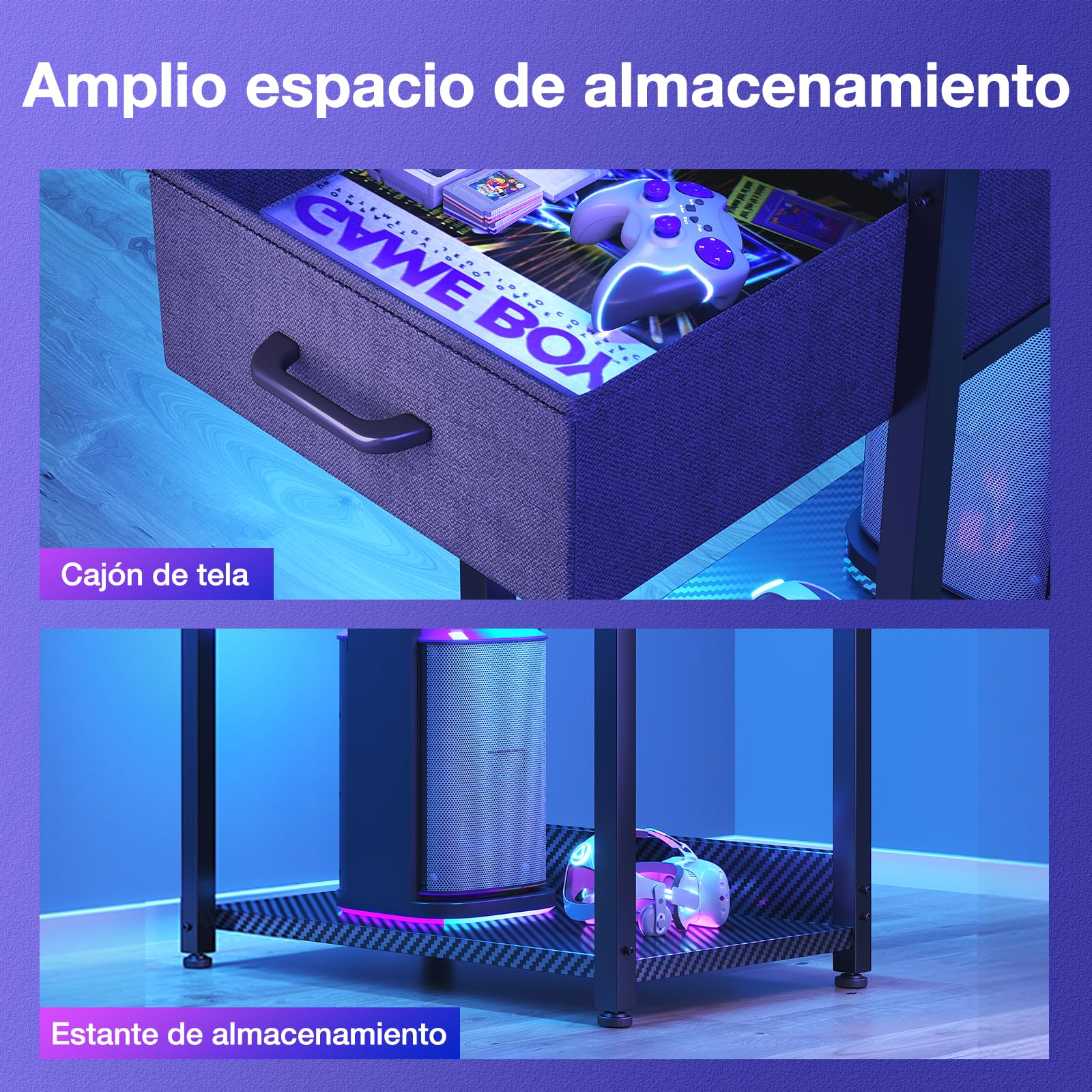 Coleshome Escritorio Gaming con Iluminación LED, 120×48cm Mesa Gaming con Cajones y Estanteria, Mesa Gamer Reversible con Gancho para Cascos, Negro Fibra de Carbono