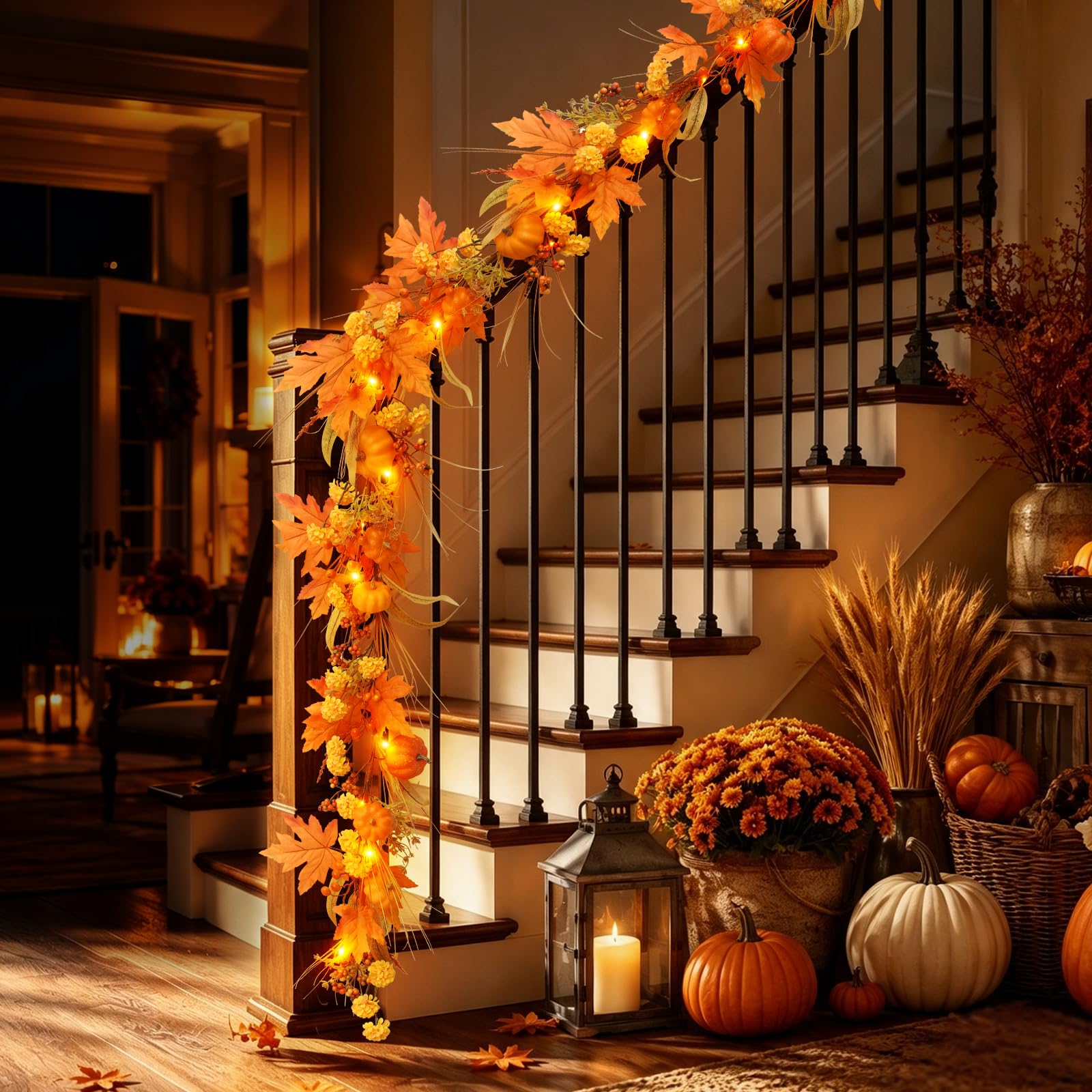 Guirnalda de otoño de 6 pies con luces, calabaza y hoja de arce para