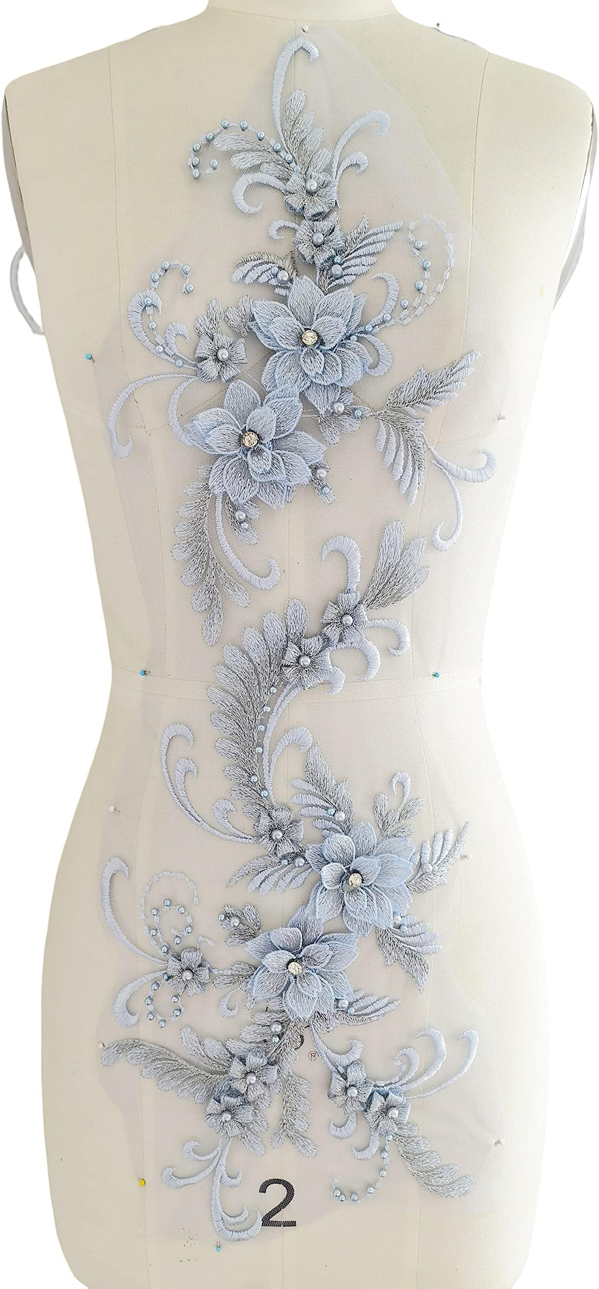 Blue Applique lace, Bodice Applique, Blue Trim Beaded, Blue 3D lace Flower lace Fabric Blue Tulle for Dress B (C1b Baby Blue)