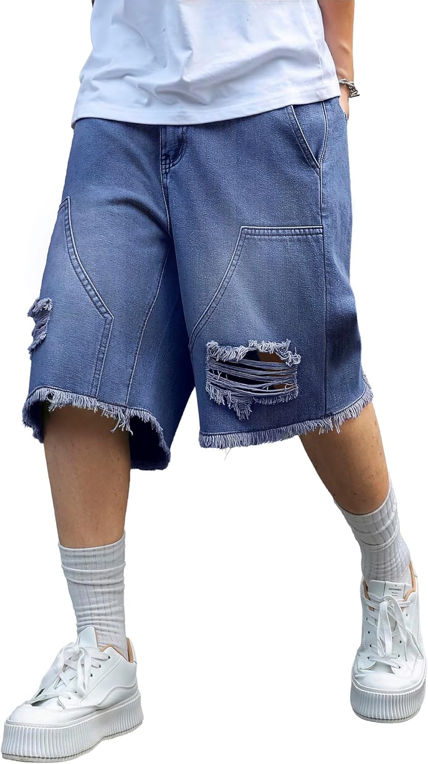 Mens Y2K Carpenter Baggy Jean Shorts, Ripped Jorts Wide Leg, Distressed Cargo Long Denim Shorts Loose Fit Streetwear Summer