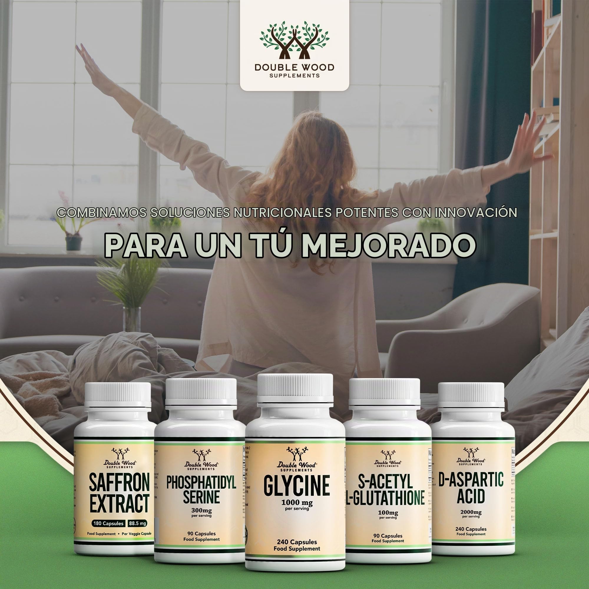 Double Wood Glicina Suplemento | 240 Glicina Capsulas de Alta Potencia - 1000mg de Glycine por Porción | Suplemento de Aminoácidos | Sin OGM y Gluten | Fabricado en el Reino Unido.