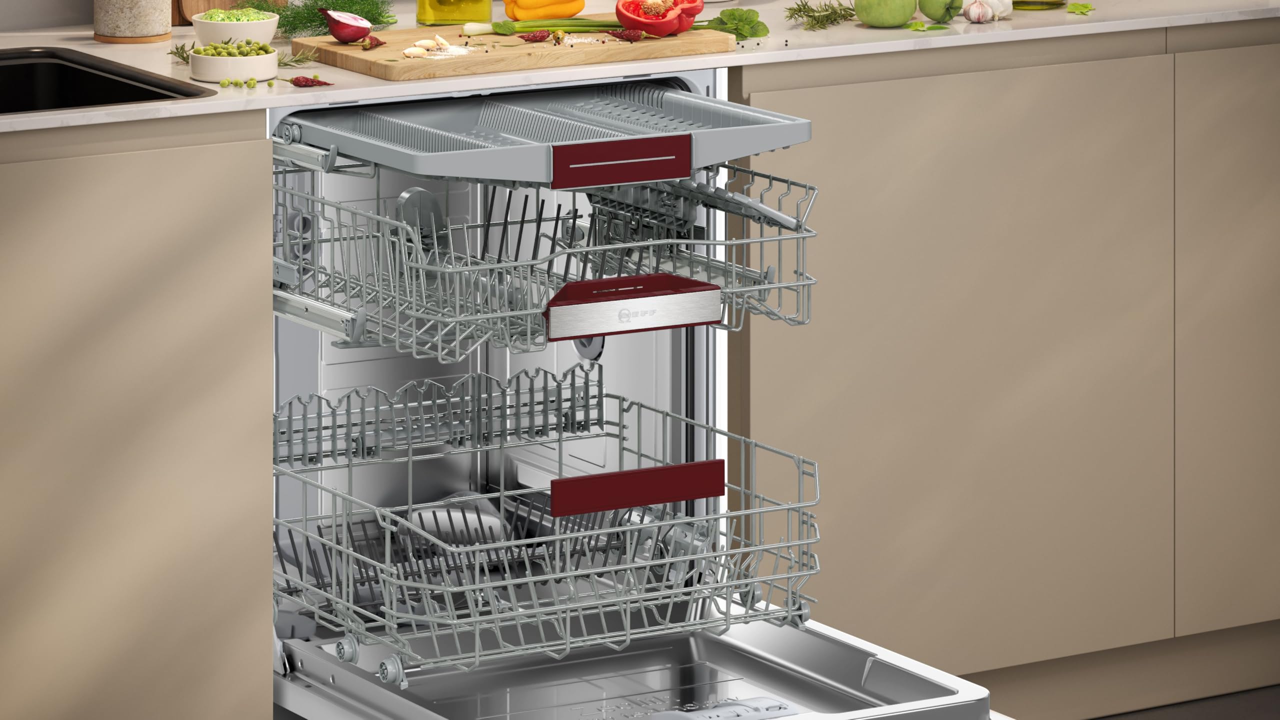 NEFF S257YCX03E, N 70, Smarter XXL Geschirrspüler Vollintegriert, 60 cm, Besteckschublade, Made in Germany, Zeolith-Trocknung, besonders leise Spülmaschine, höhenverstellbarer Oberkorb, Aqua Stop