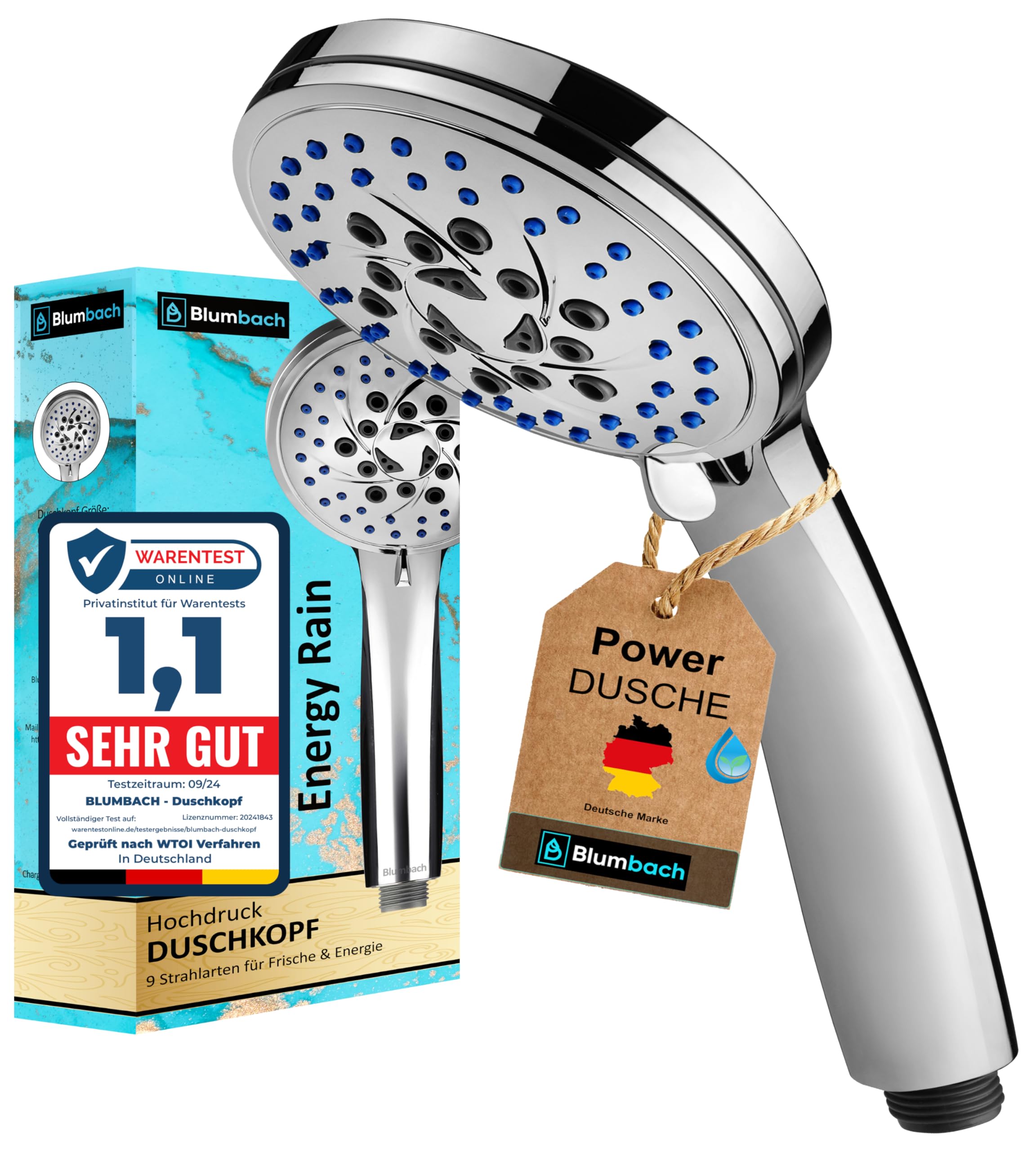 BLUMBACH® Duschkopf wassersparend Energy Rain mit 9 Strahlarten, Duschbrause, Shower Head, Handbrause Dusche Brausekopf Dusche, Sparduschkopf, wassersparender Duschkopf, Handbrausen Dusch Brausekopf