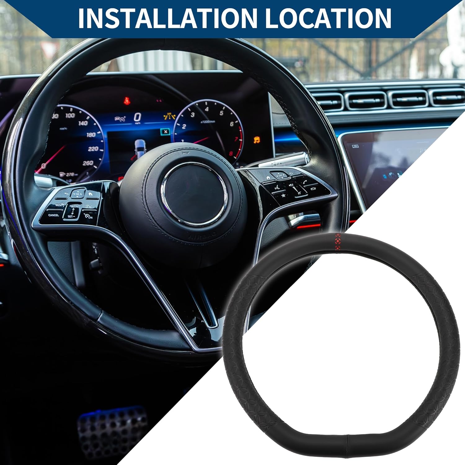 Steering Wheel Cover/Front Steering Wheel Accessories for Car Vehicle/Durable D Shape Nappa Leather / 1Pcs Black Red