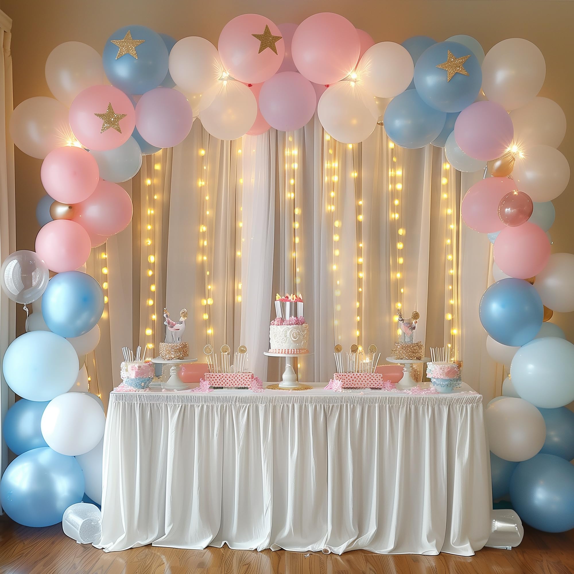 Fomcet Lot de 2 rideaux en tulle blanc de 3 x 3 m avec guirlandes lumineuses pour fêtes, mariage, anniversaire, fête prénatale, séance photo (2 panneaux, 1,5 x 3 m)