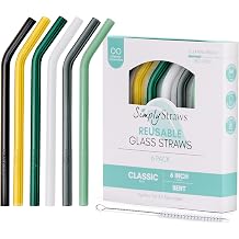 Simply Straws 6 Inch Glass Straws Bent 6-Pack Reusable Glass Straws for Low Balls & Stemless Glasses, with Cleaning Brush Dishwasher Safe, Hot & Cold Use, BPA-Free Air