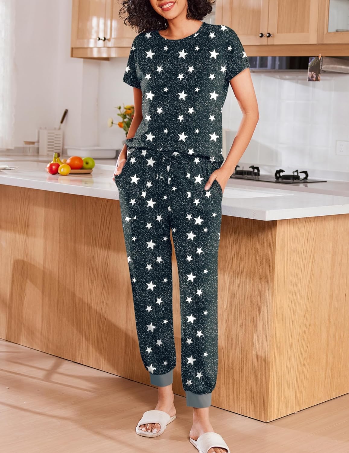 Ekouaer 2 pack Pajama Sets for Womens Jogger Pants Pjs Short Sleeves Lounge Set Soft Sleepwear with Pockets - Image 4