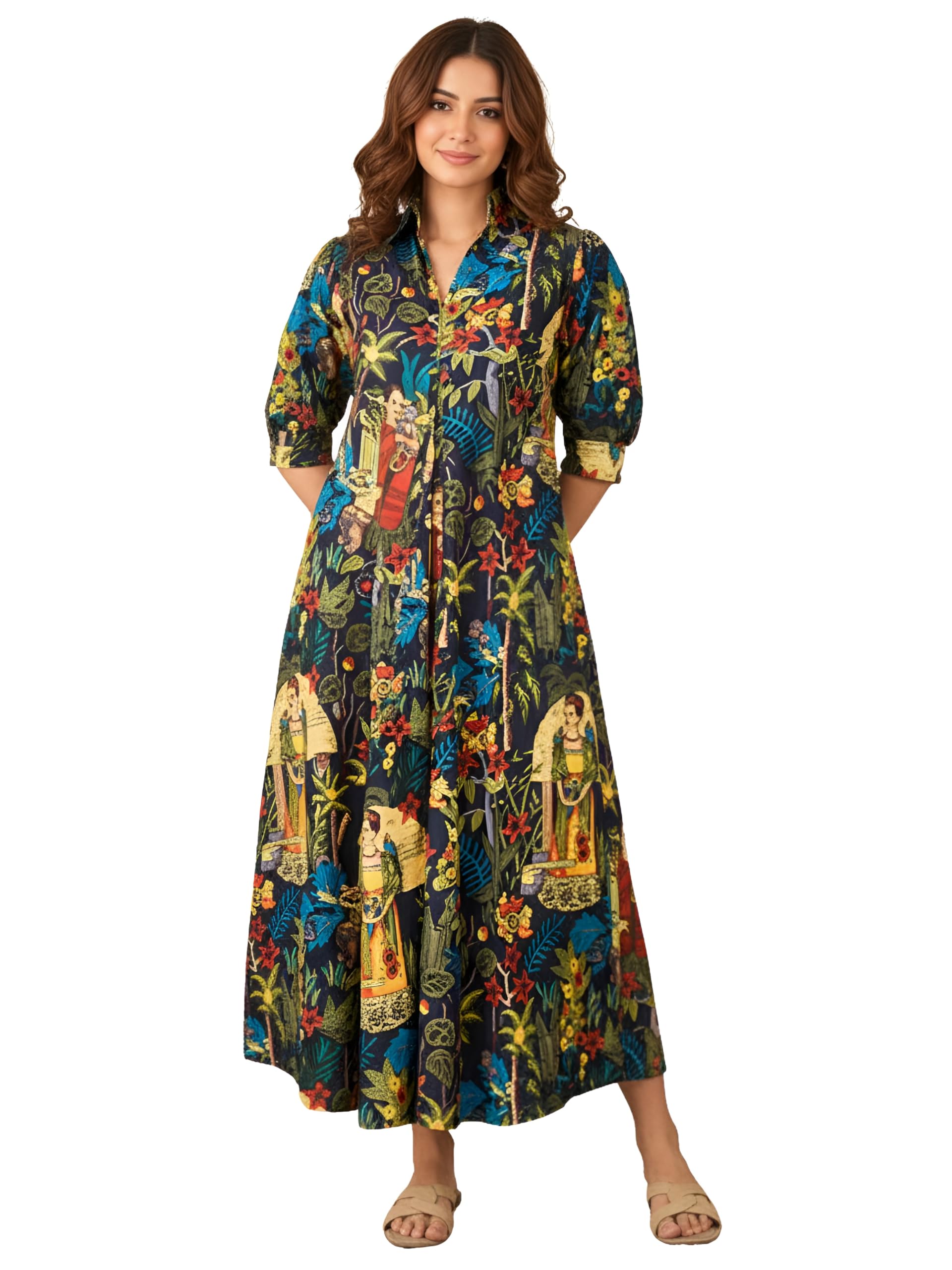 Dress for Woman Rayon Printed Maxi Dress | V Neck Half Sleeve Flared Casual & Party Look Long Dress