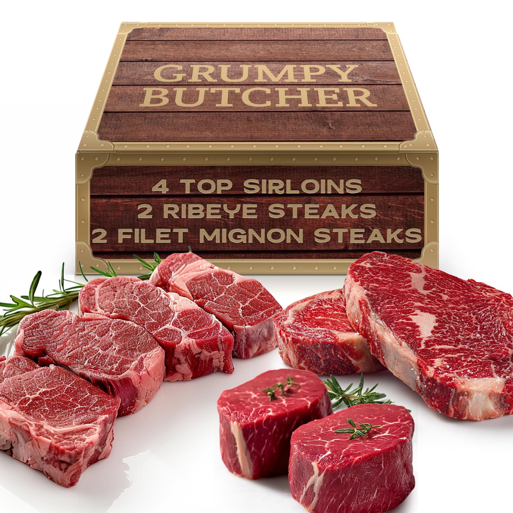 Grumpy Butcher 8 Steaks Full House Set - 4 Top Sirloin Steak (6 oz), 2 Ribeye Steaks (14 oz), 2 Filet Mignon Steak (8 oz) - Food Gifts of Premium Steak Meat