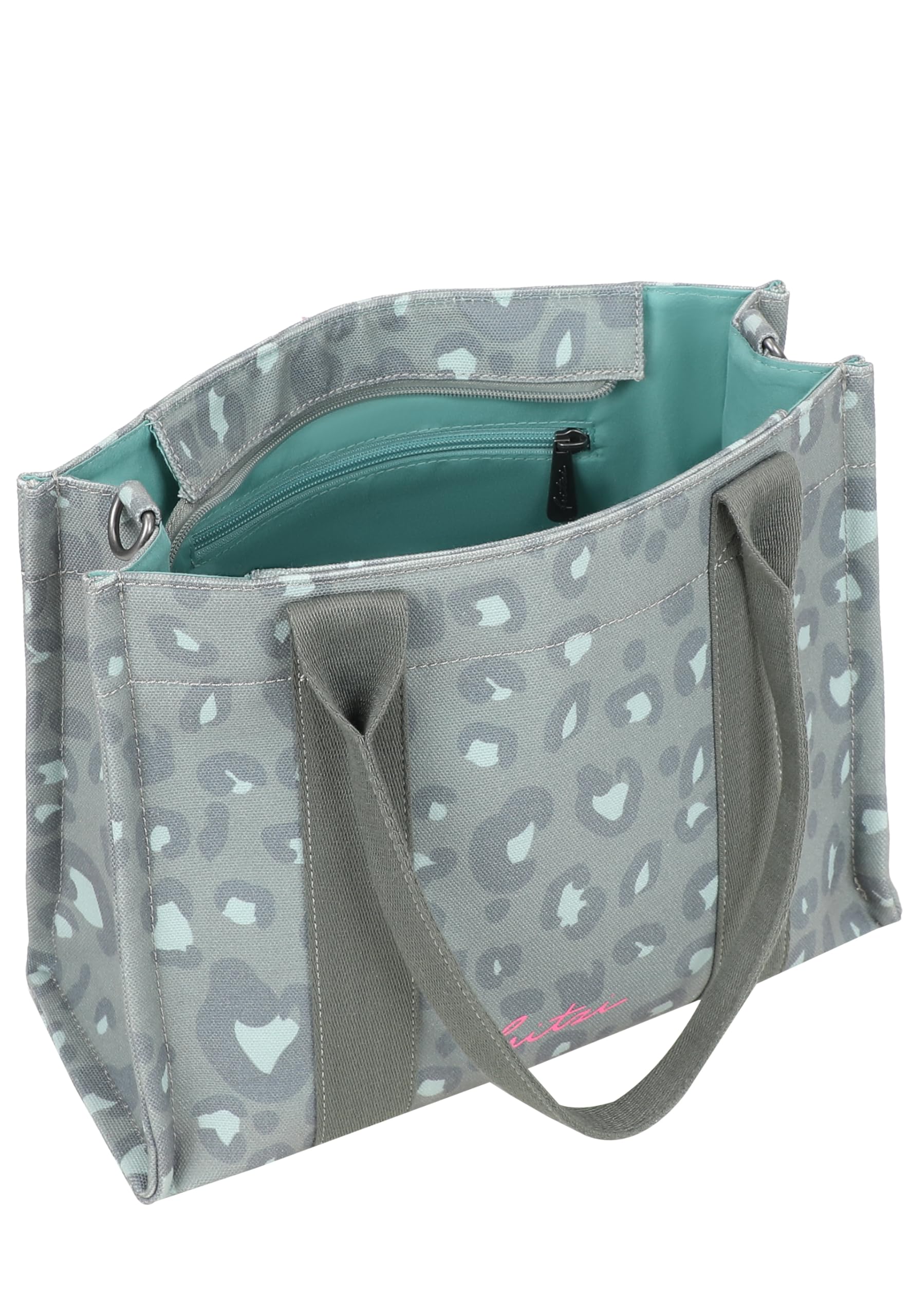 Fritzi Tote Shopper Medium Leo Canvas Damen Shopper Handtasche Festival City vegan Leoprint Reißverschluss 26 x 33 x 14 cm – Rosa, Grün, Beige