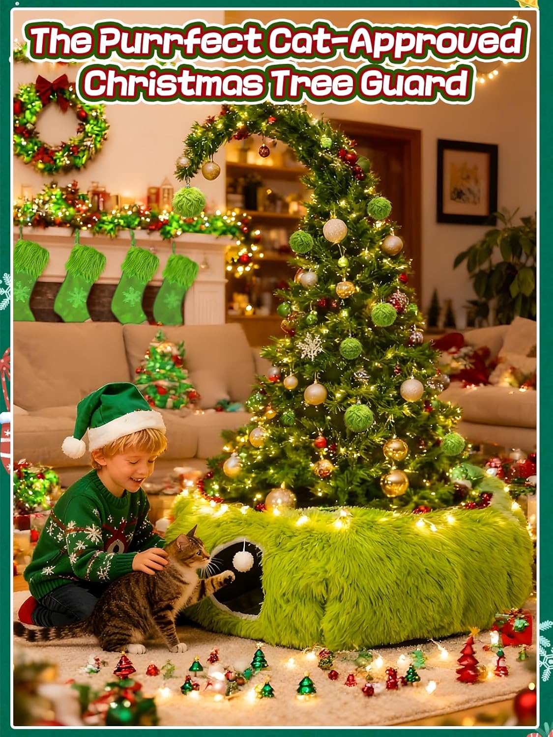 Green Fluffy Cat Tunnel Christmas Tree Skirt - Cat Donut Bed, Christmas Tree Protector from Cats, Xmas Small Medium Large Cats Gifts Accessories