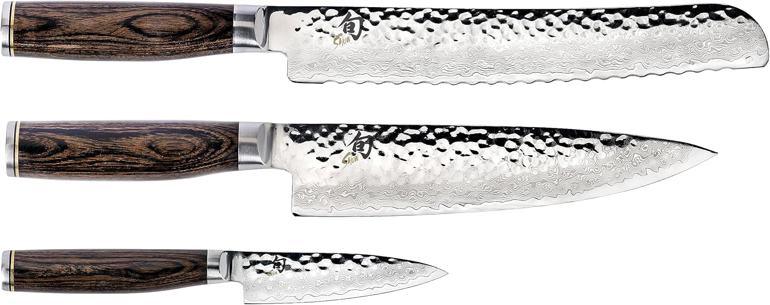 Shun Premier Damascus 3-Piece Knife Set With Pakkawood Handle, includes Chef’s Knife 8-in, Bread Knife 9-in and Paring Knife 4-in, Made in Seki, Japan