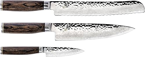 Shun Premier Damasco - Juego de cuchillos de 3 piezas con mango de madera de Pakkawood, incluye cuchillo de chef de 8 pulgadas, cuchillo de pan de 9